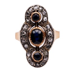 Antique Late Victorian Sapphire Diamond 18k Yellow Gold Silver Navette Ring