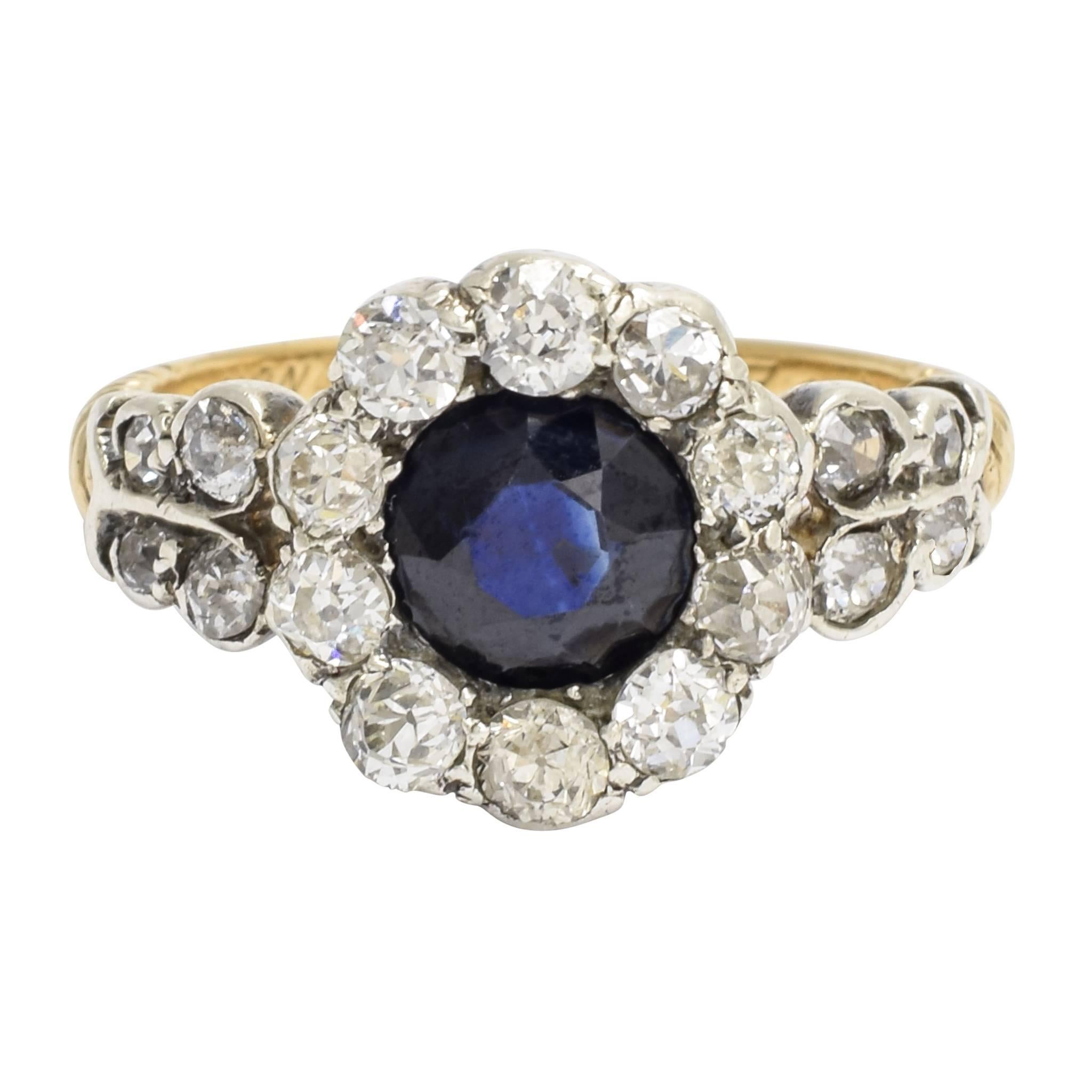 Late Victorian Sapphire Diamond Cluster Engagement Ring