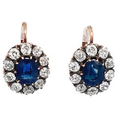 Antique Late Victorian Sapphire Diamond Silver 14k Rose Gold Cluster Drop Earrings