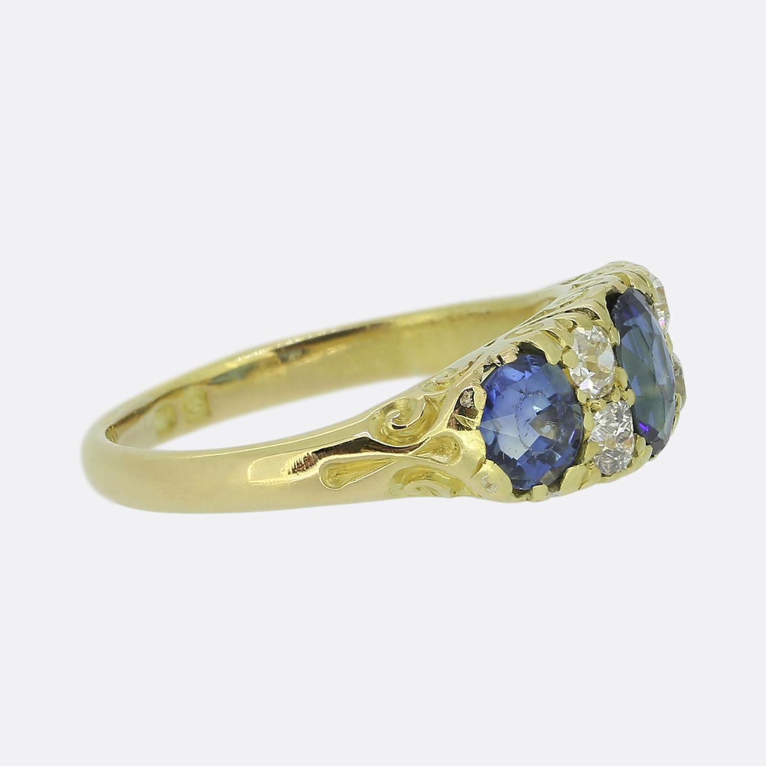 Old Mine Cut Late Victorian Sapphire Three-Stone and Diamond Ring For Sale