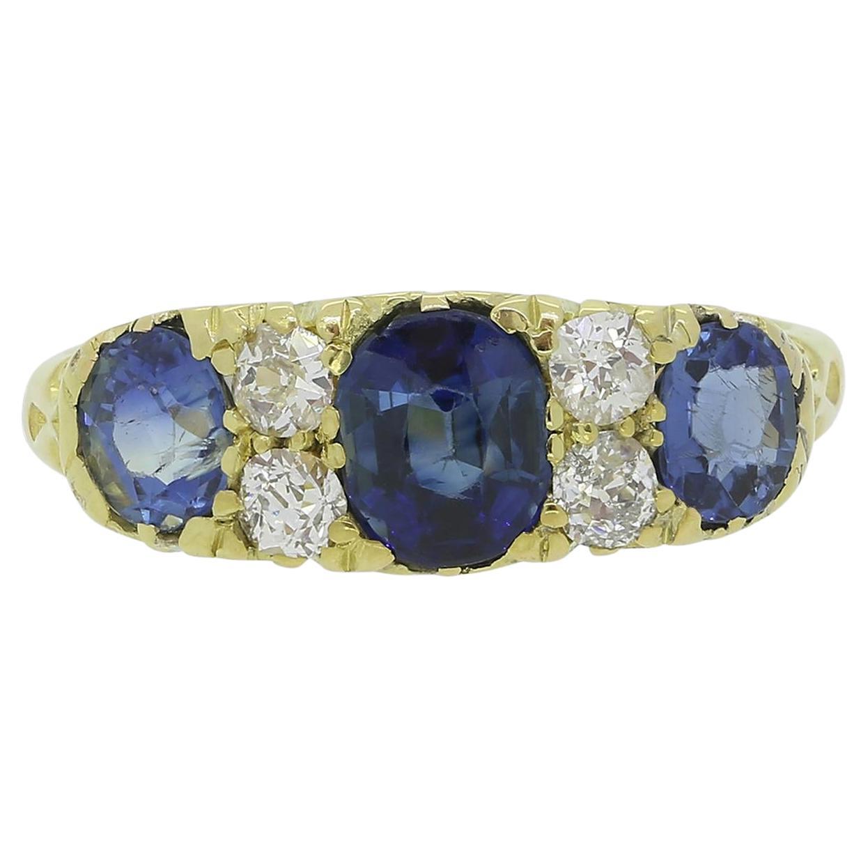 Late Victorian Sapphire Three-Stone and Diamond Ring For Sale