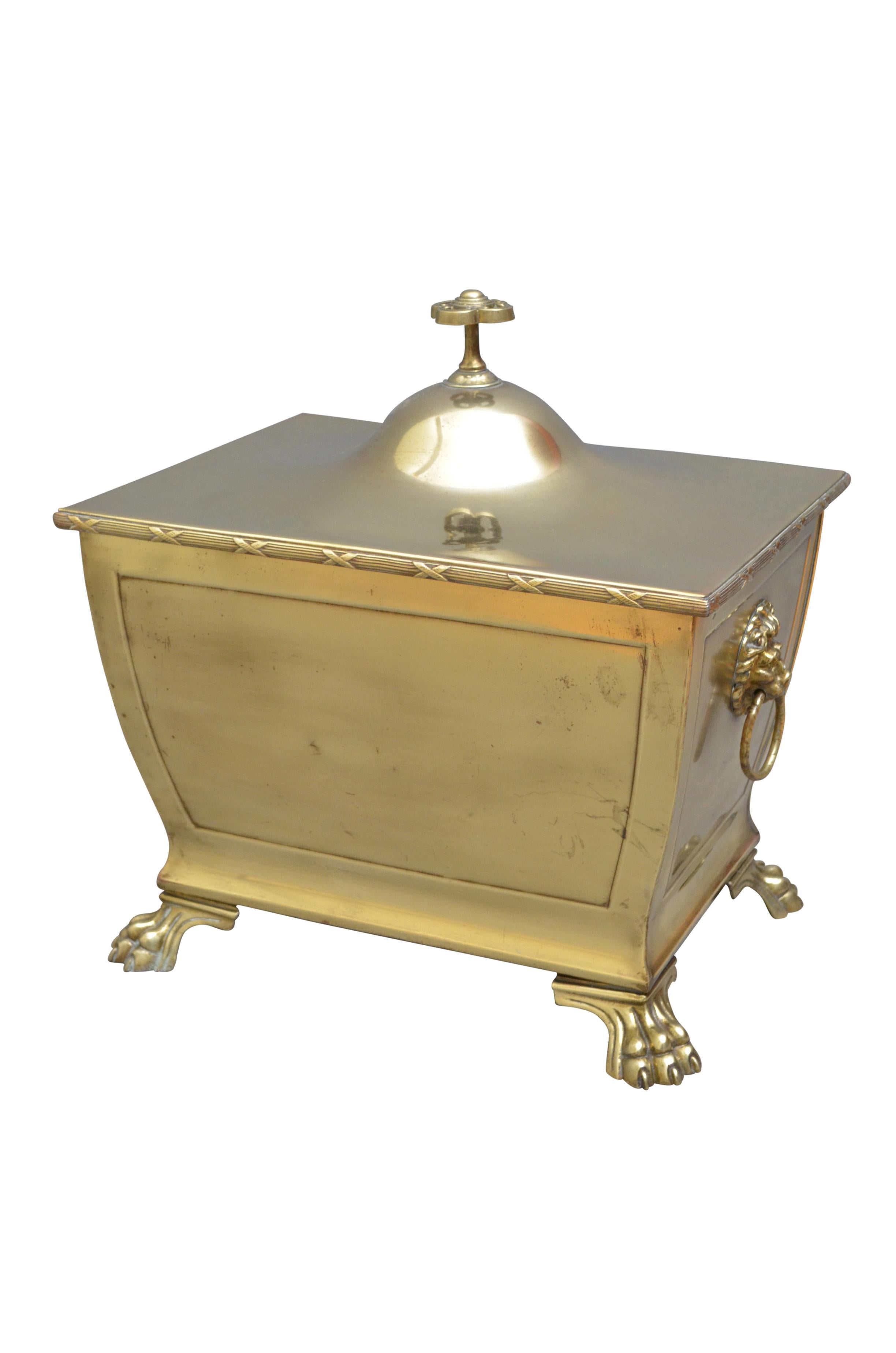 Brass Late Victorian Sarcophagus Log Bin or Wine Cooler For Sale