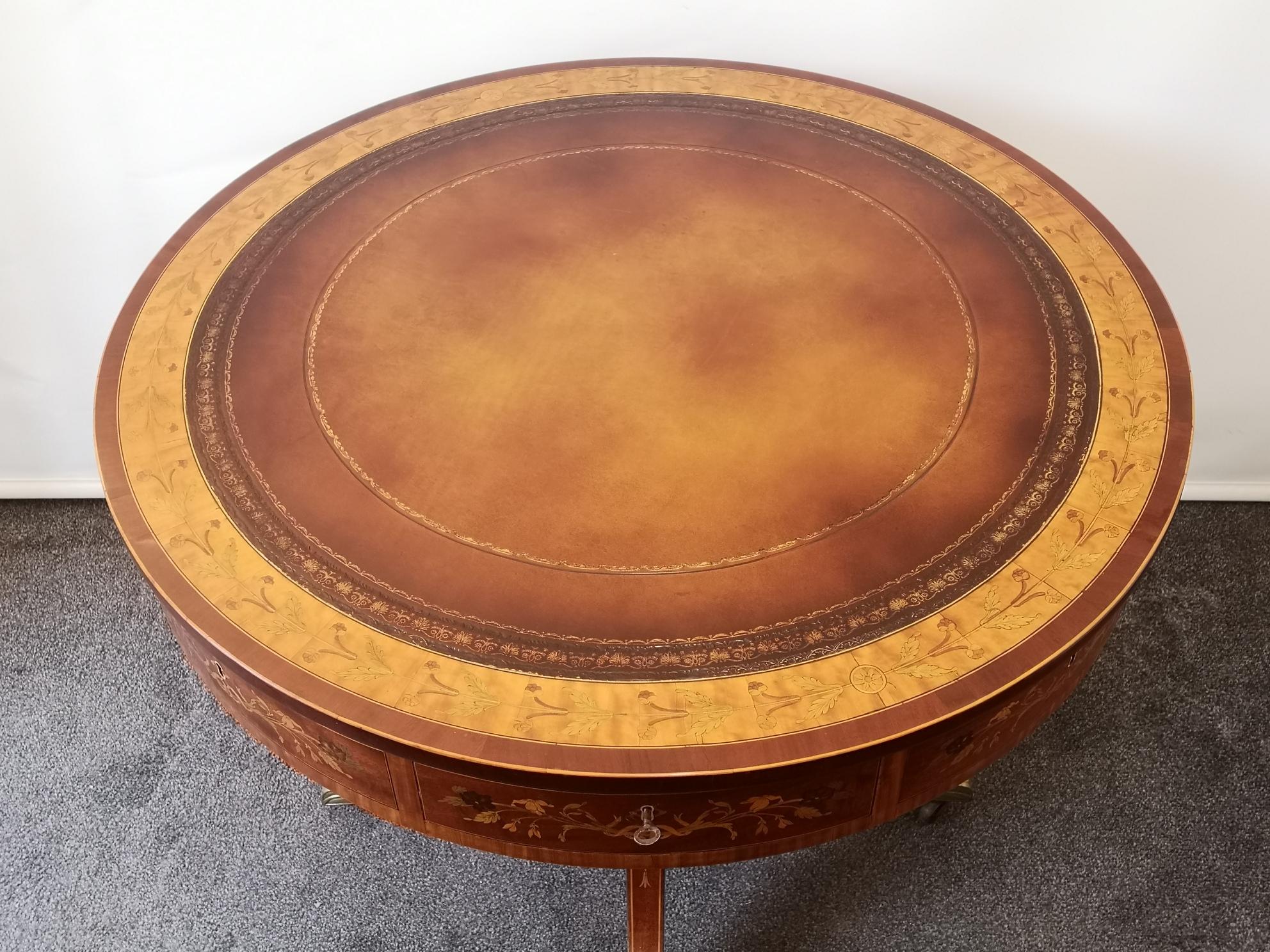 English Late Victorian Satinwood And Marquetry Drum Table For Sale