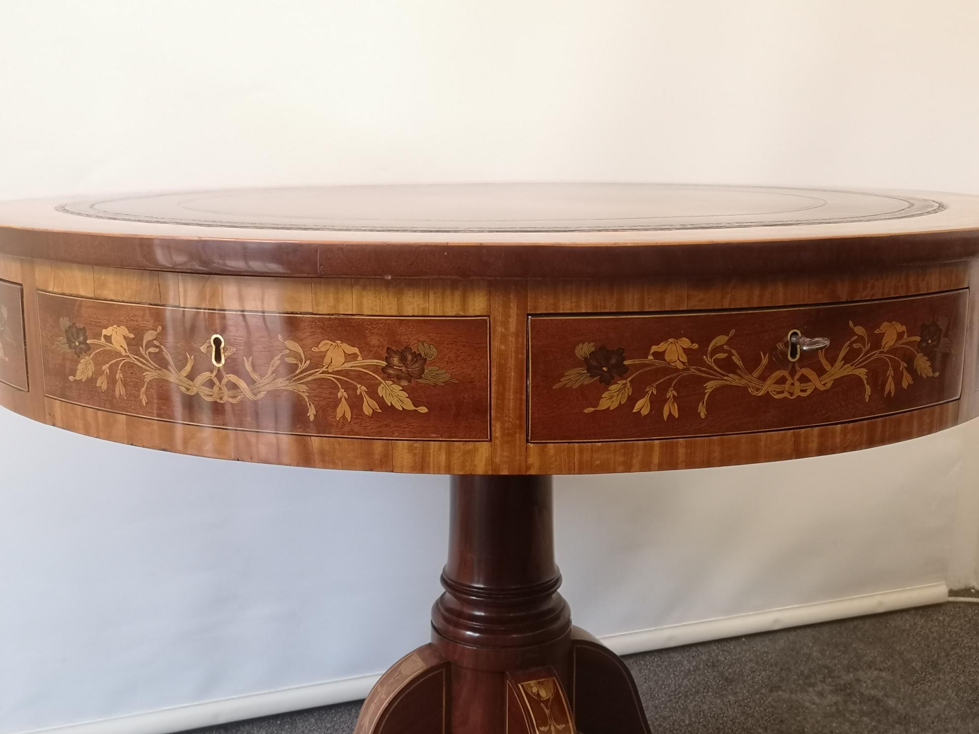Leather Late Victorian Satinwood And Marquetry Drum Table For Sale