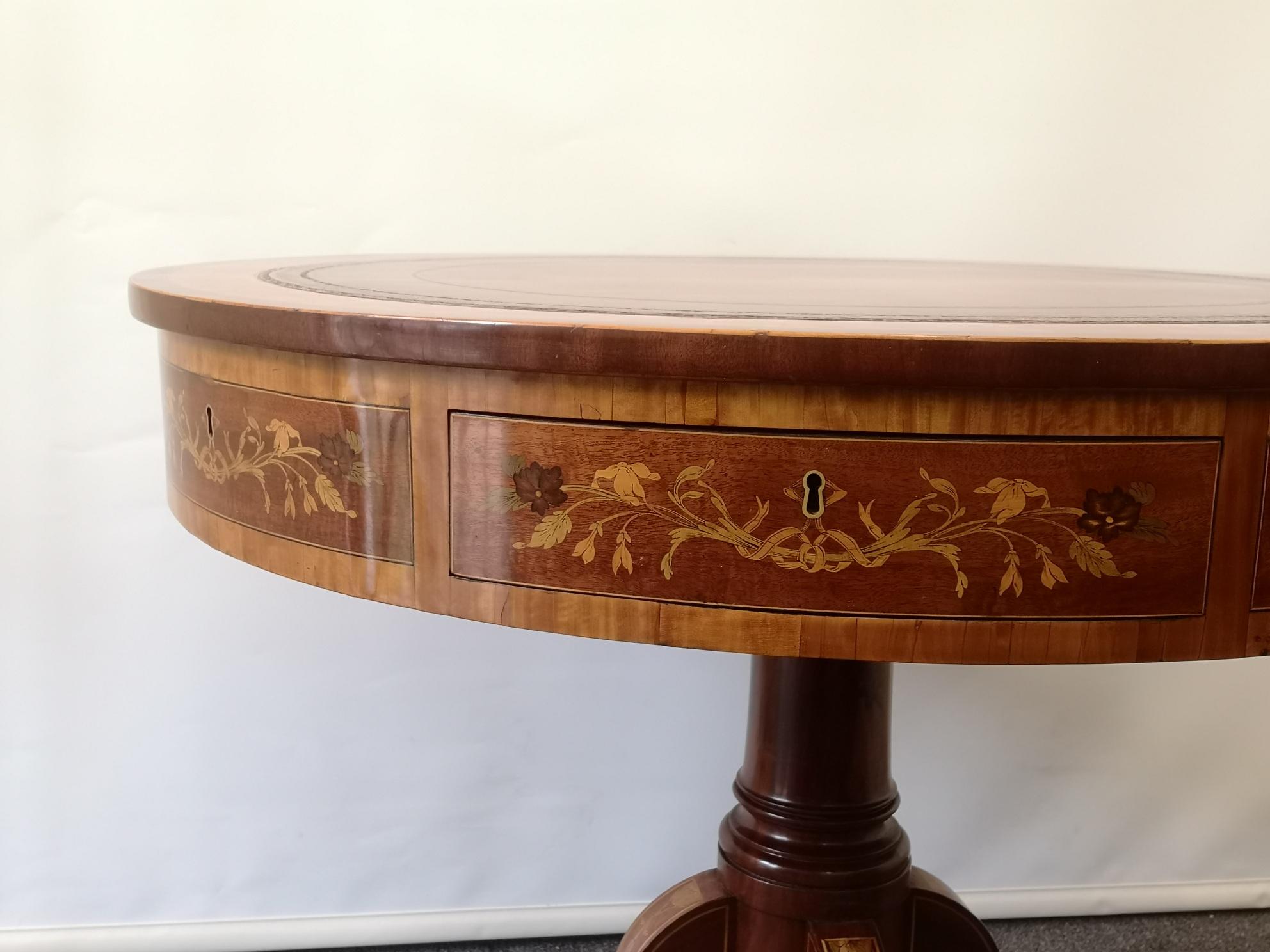 Late Victorian Satinwood And Marquetry Drum Table For Sale 1