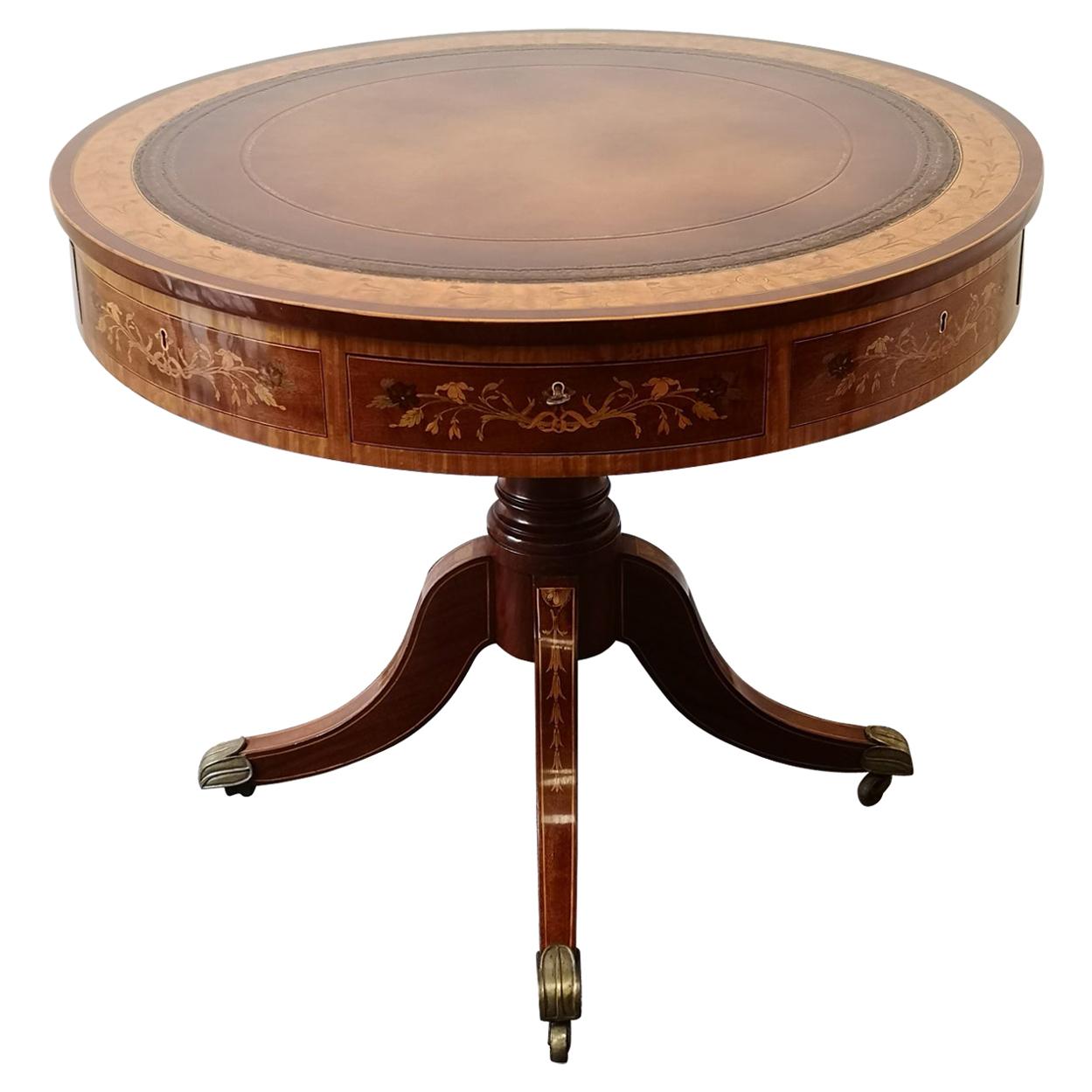 Late Victorian Satinwood And Marquetry Drum Table For Sale