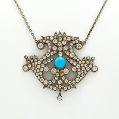 Late Victorian Silver and Paste and Blue Glass Pendant on Silver Oval Link Chain