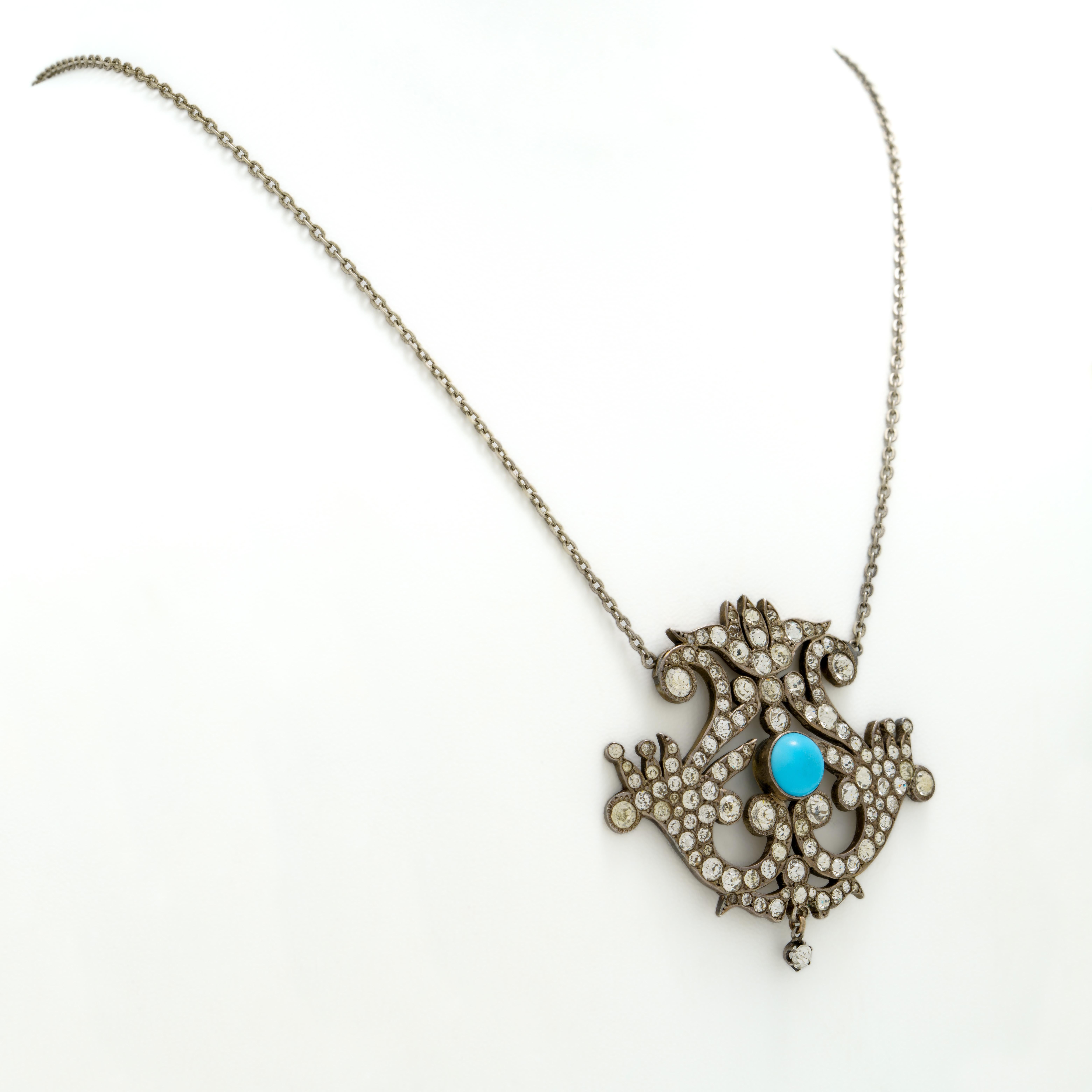 Late Victorian Silver and Paste and Blue Glass Pendant on Silver Oval Link Chain In Good Condition For Sale In New York, NY
