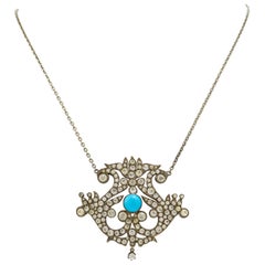 Late Victorian Silver and Paste and Blue Glass Pendant on Silver Oval Link Chain