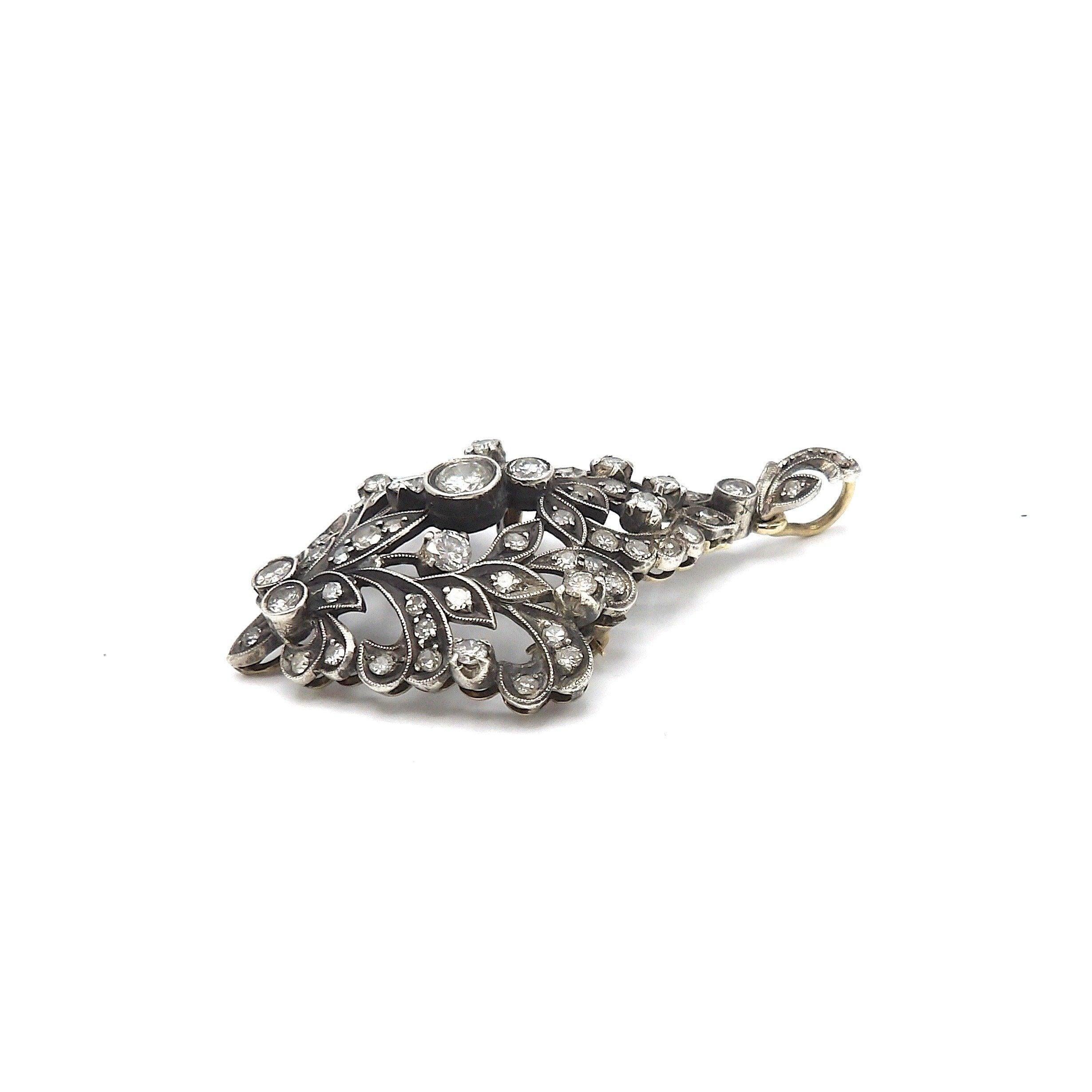 Women's or Men's Late Victorian Sterling Silver and 12K Gold Diamond Pendant Brooch For Sale