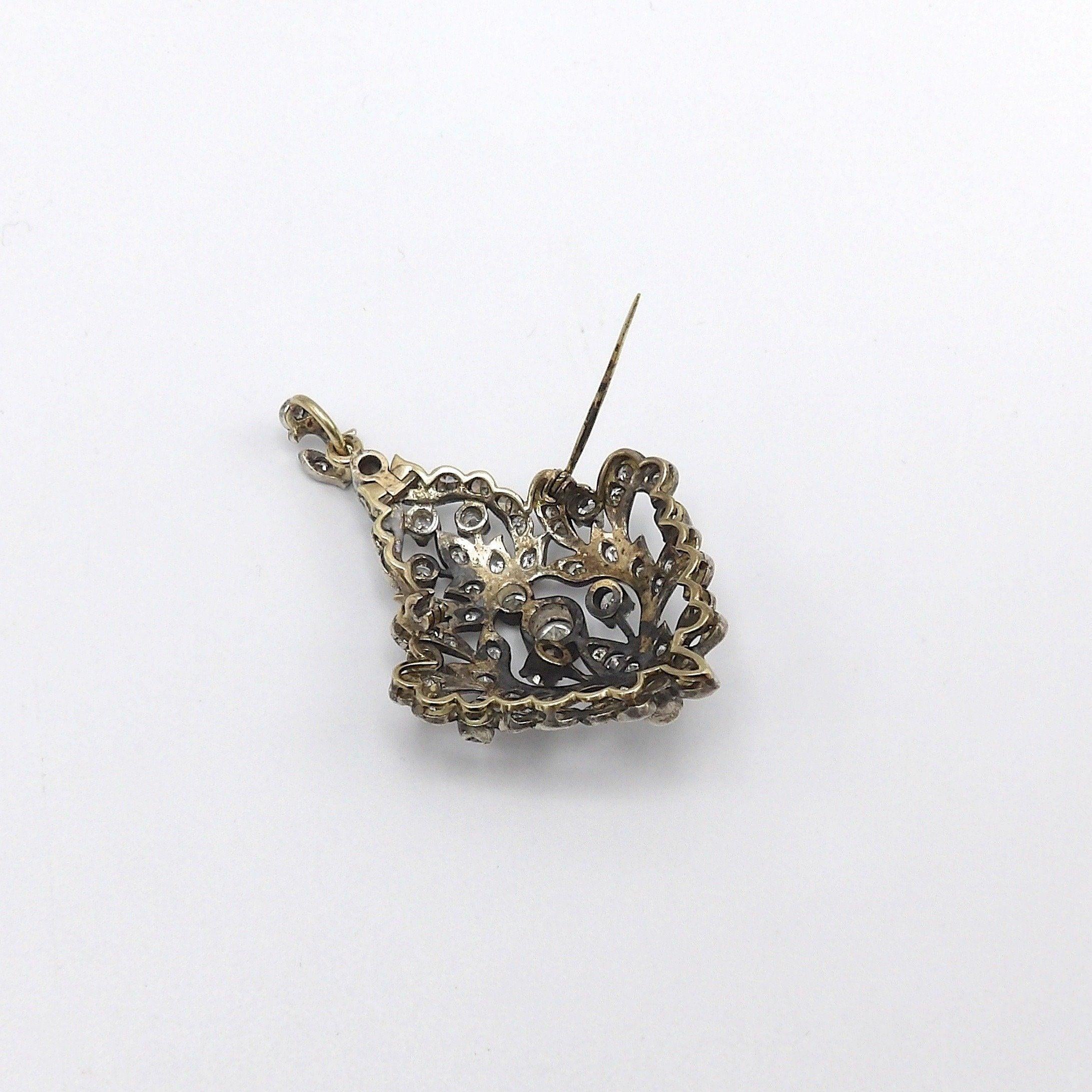 Late Victorian Sterling Silver and 12K Gold Diamond Pendant Brooch For Sale 1