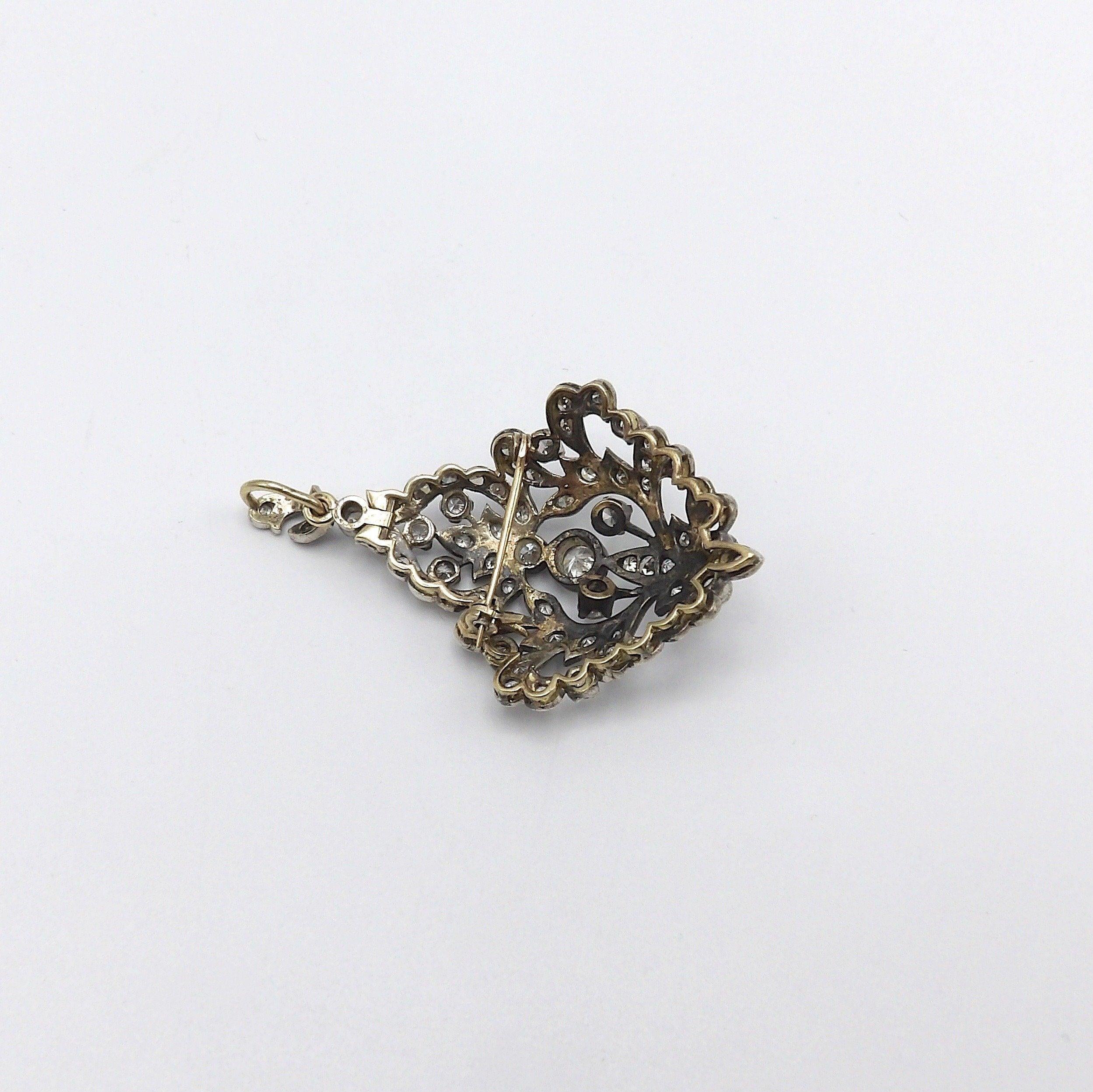 Late Victorian Sterling Silver and 12K Gold Diamond Pendant Brooch For Sale 2