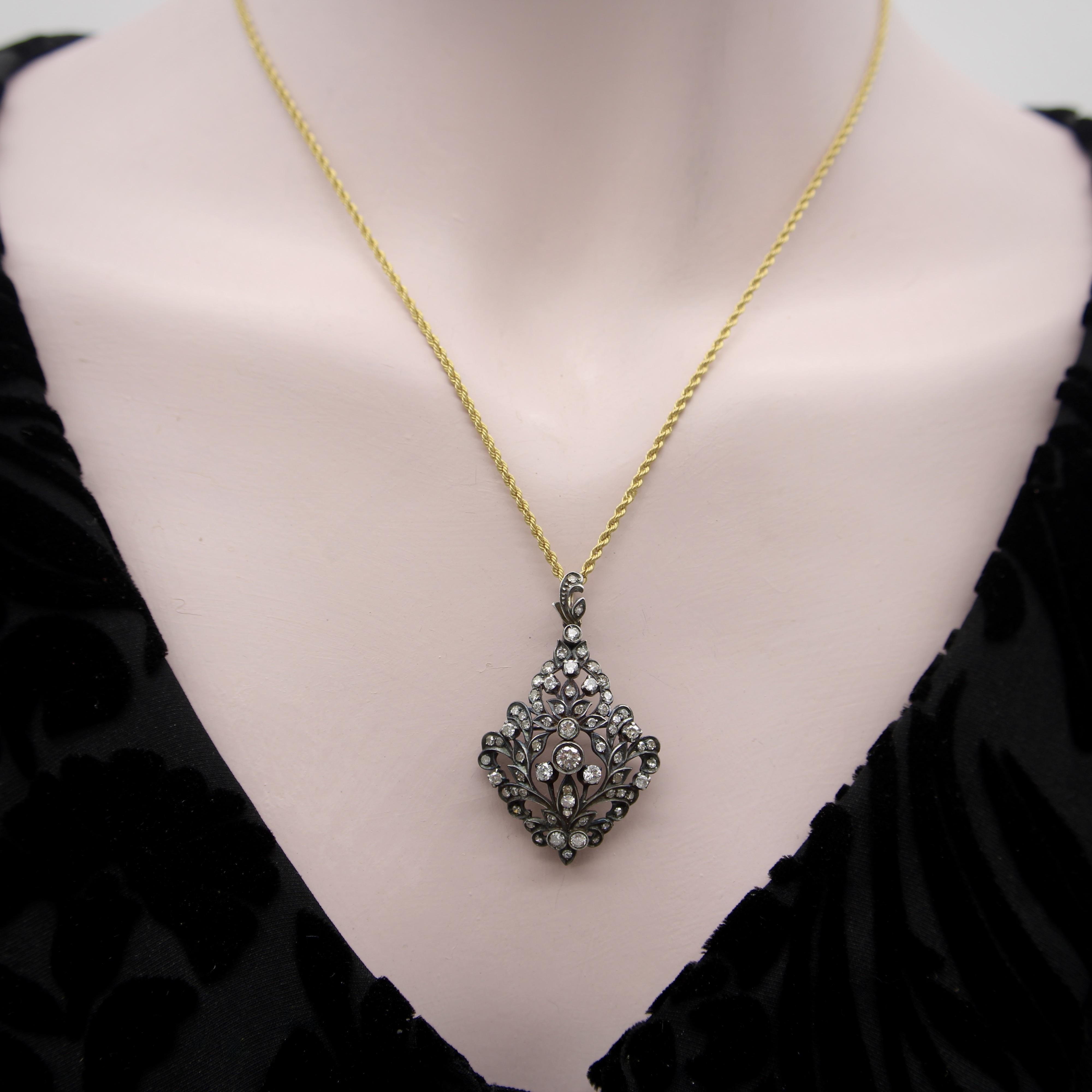 Late Victorian Sterling Silver and 12K Gold Diamond Pendant Brooch For Sale 3