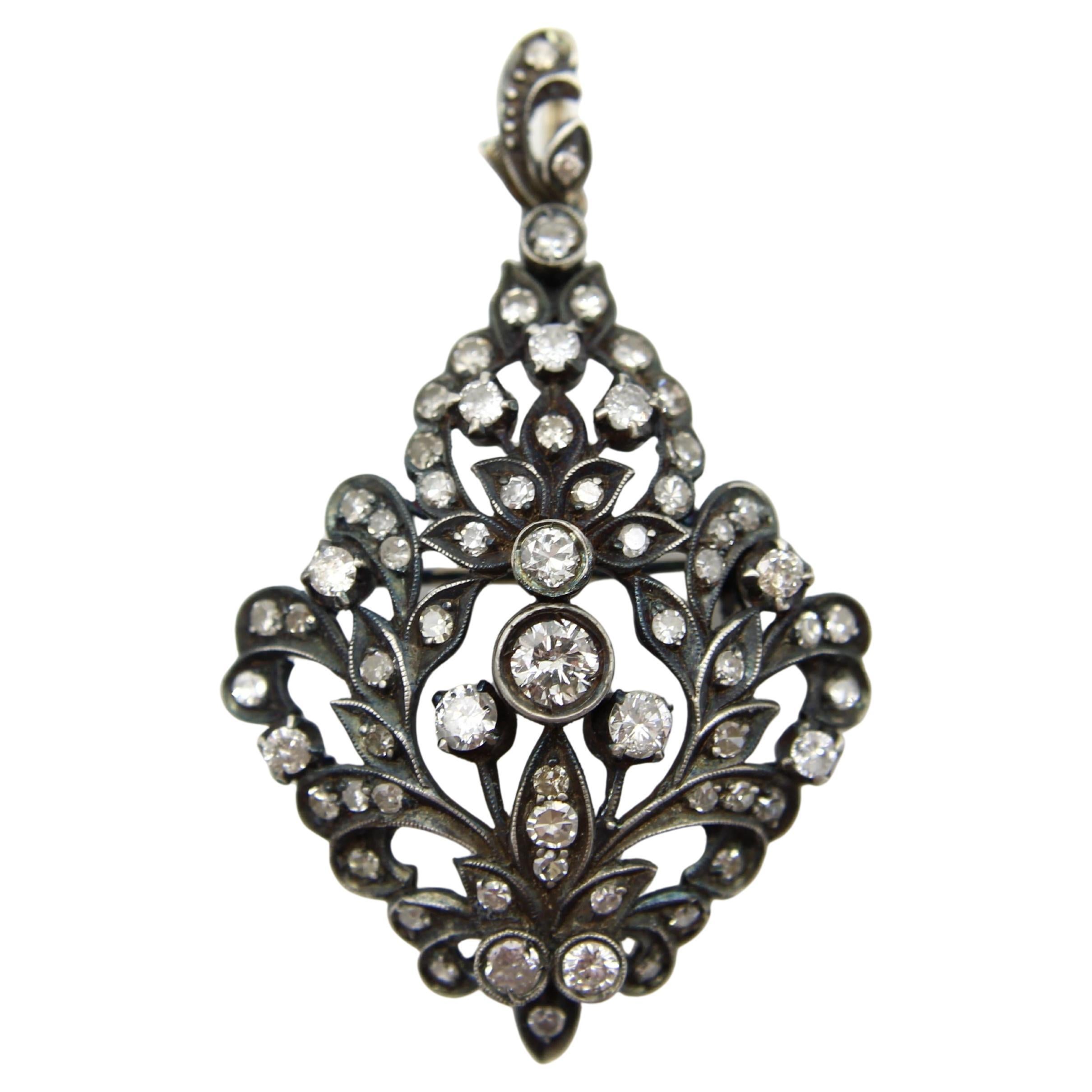 Late Victorian Sterling Silver and 12K Gold Diamond Pendant Brooch