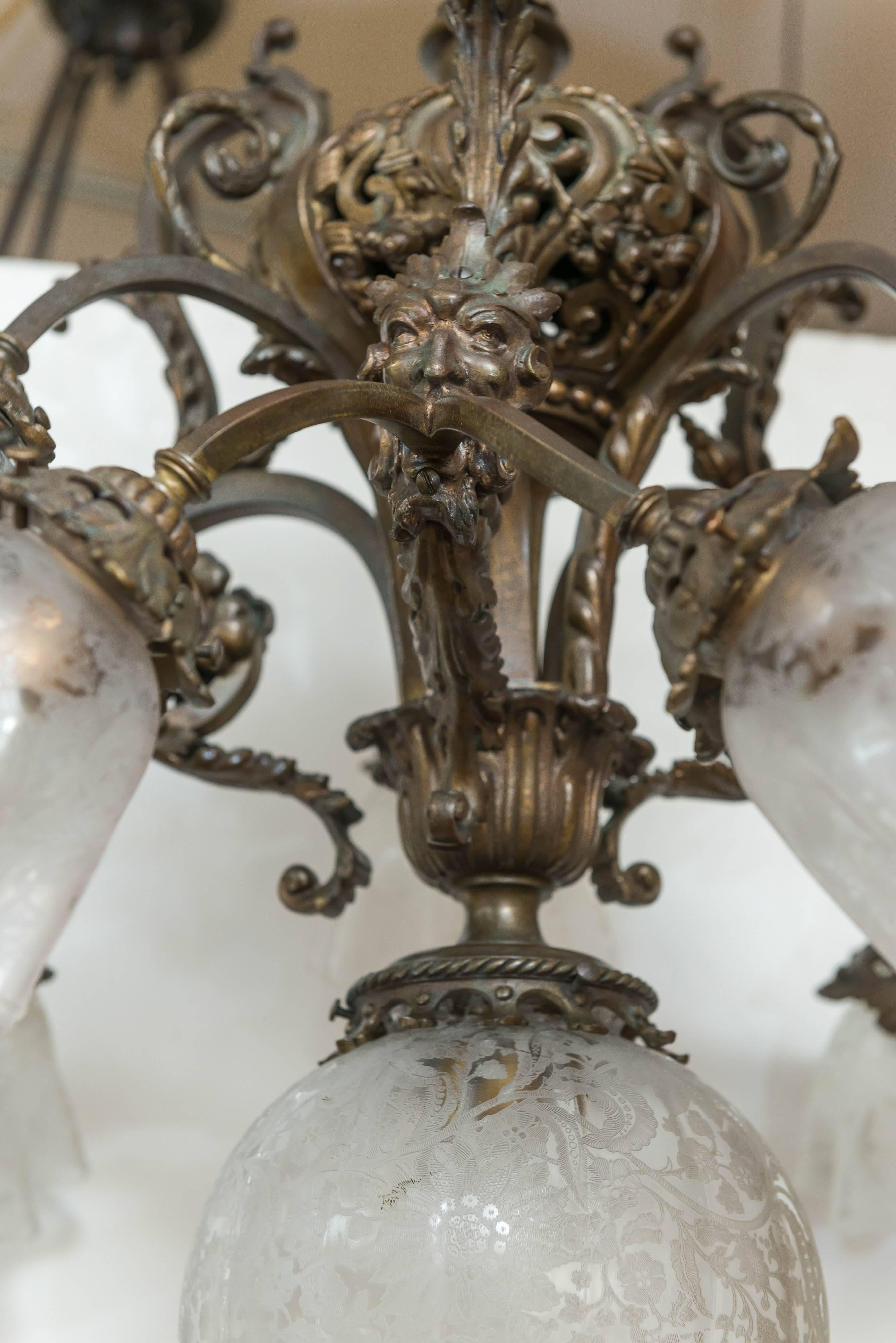 Late Victorian Ten-Light Bronze and Etched Glass Chandelier 1