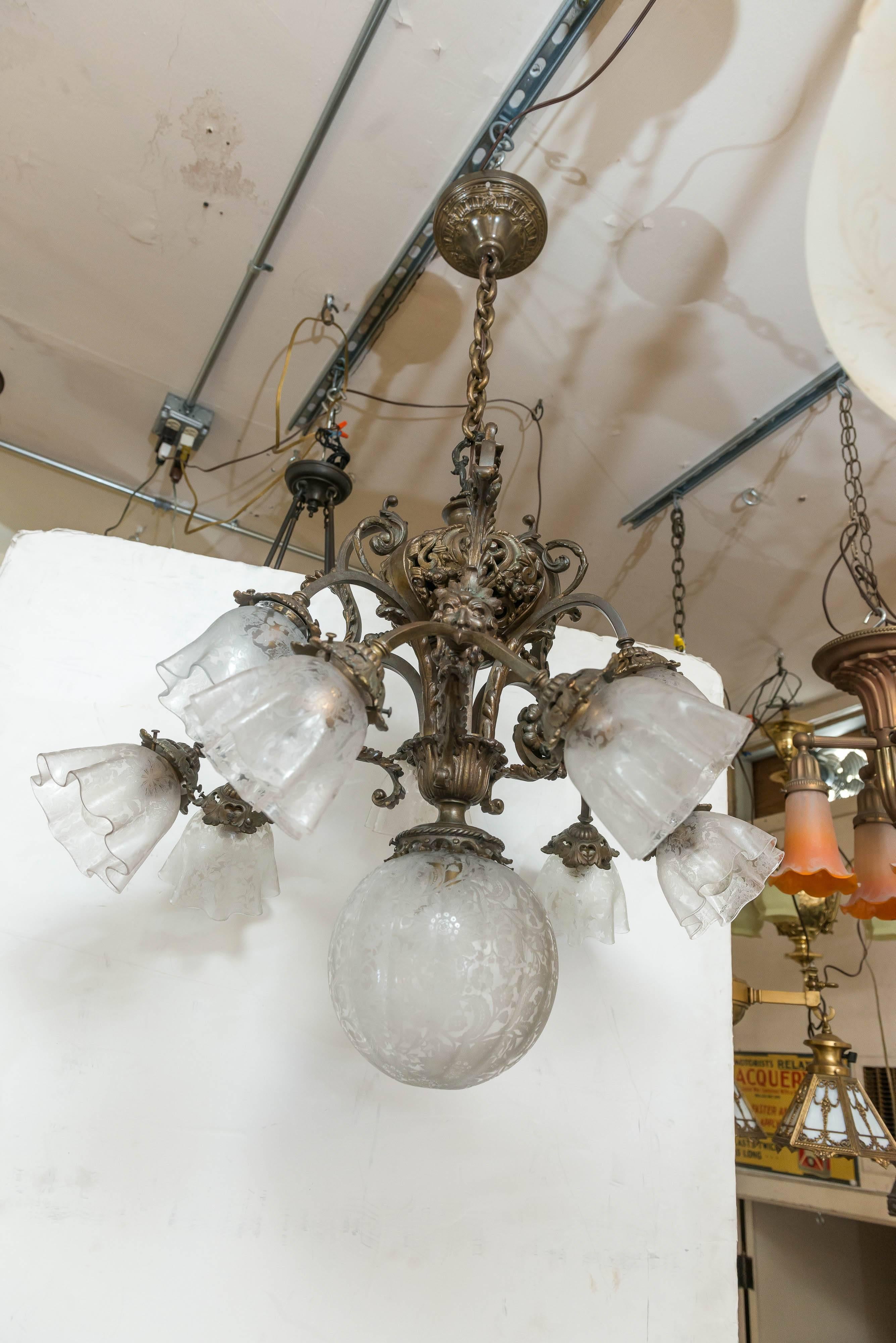 Late Victorian Ten-Light Bronze and Etched Glass Chandelier 2