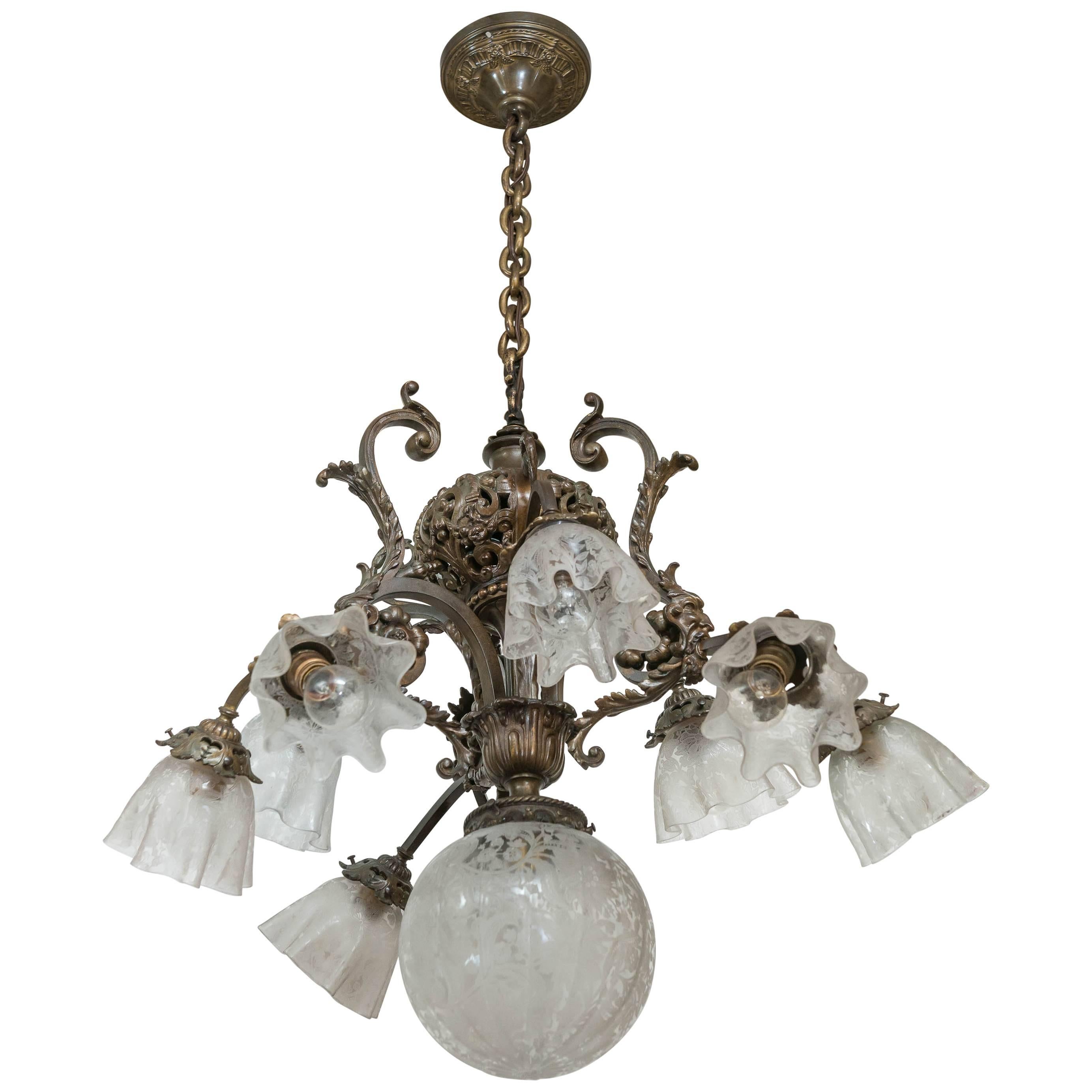 Late Victorian Ten-Light Bronze and Etched Glass Chandelier