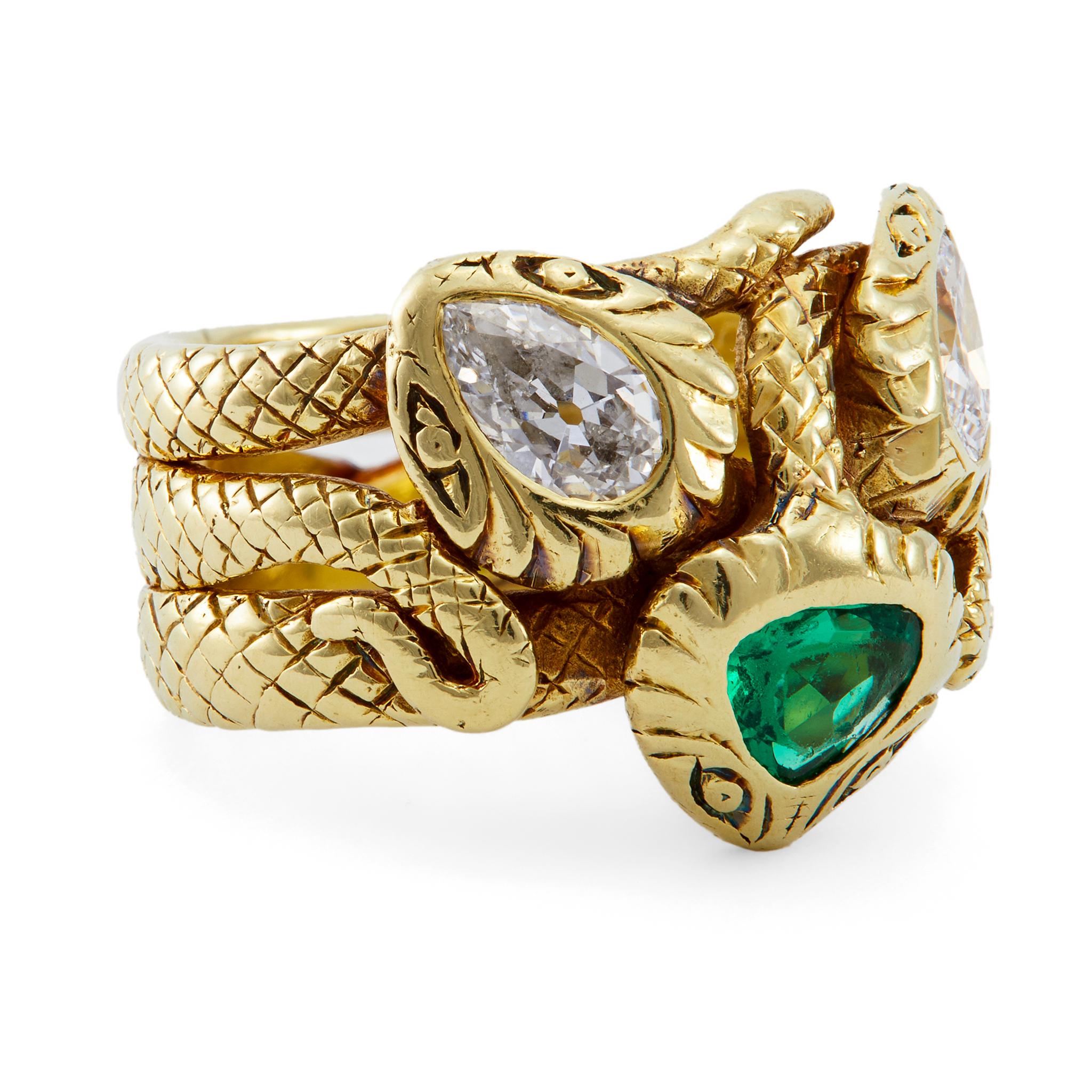 Late Victorian Tiffany & Co. Emerald and Diamond 18k Gold Triplet Snake Ring In Good Condition In Beverly Hills, CA