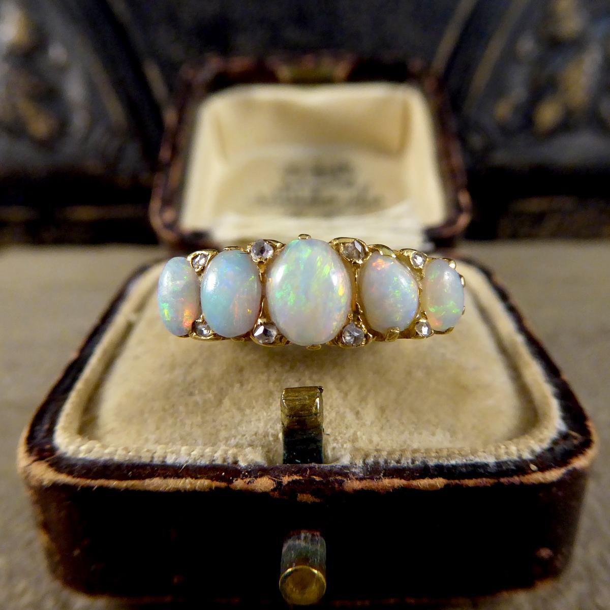 Late Victorian to Edwardian Five Stone Opal Ring in 18ct Yellow Gold 2
