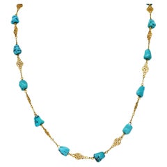 Late Victorian Turquoise 14 Karat Gold Station Necklace Circa 1900