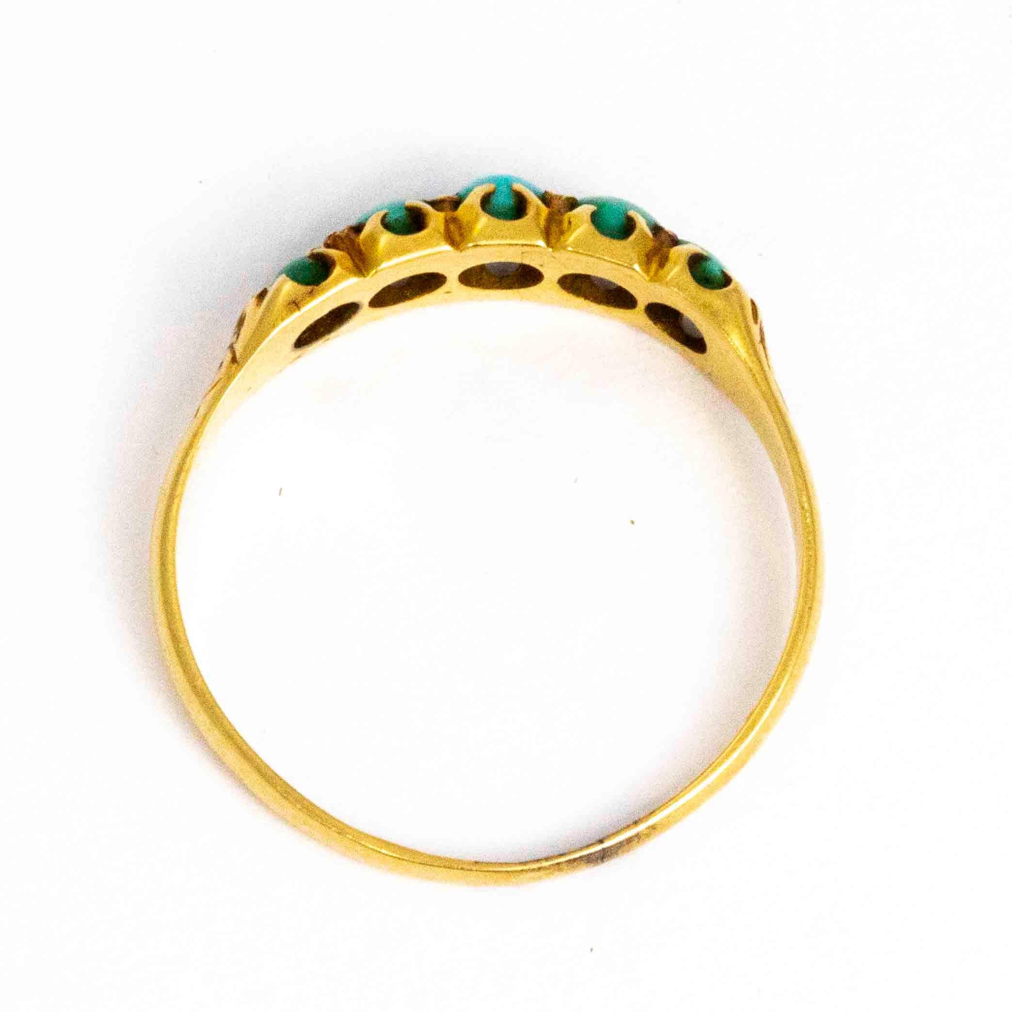 Women's or Men's Late Victorian Turquoise and 15 Carat Gold Five-Stone Ring