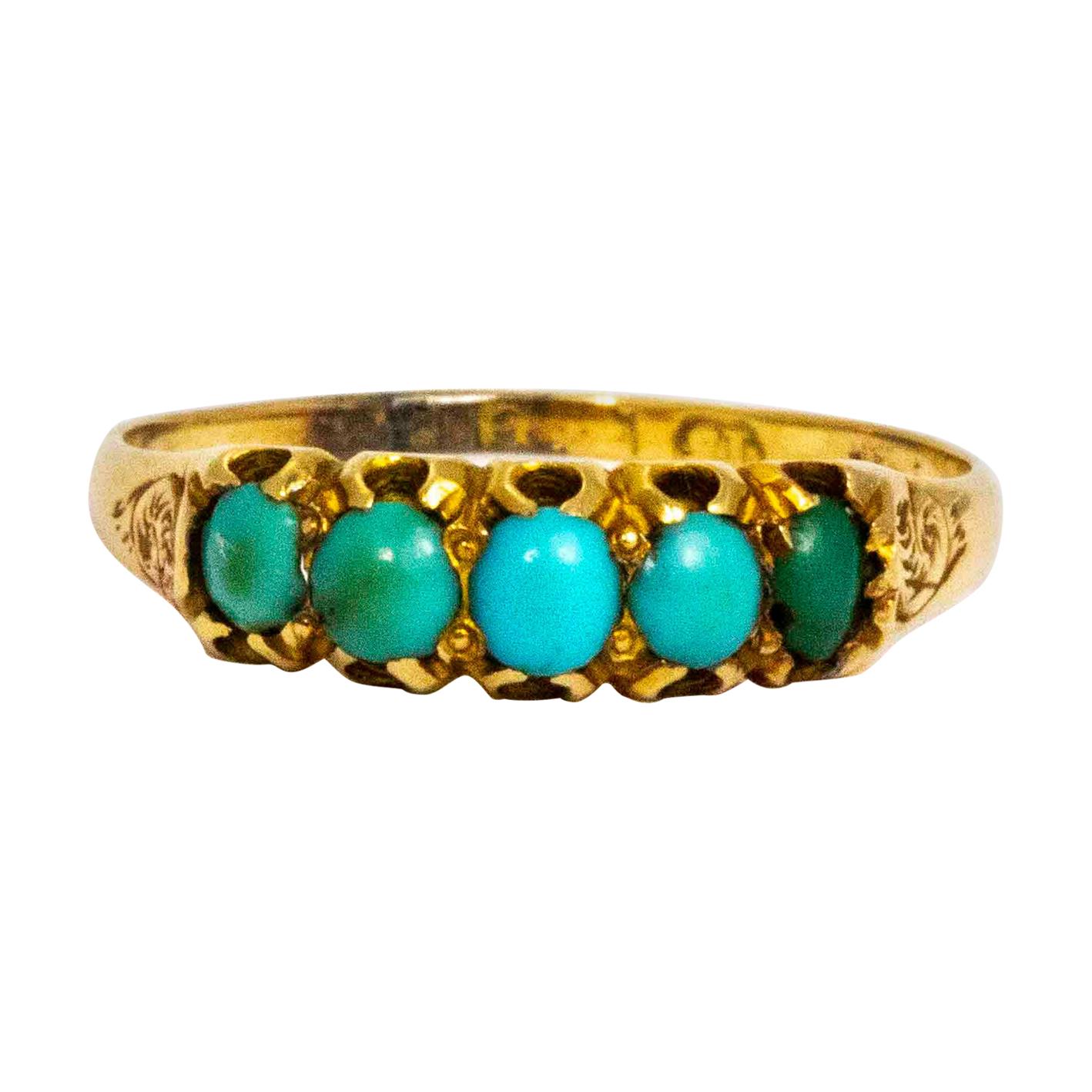 Late Victorian Turquoise and 15 Carat Gold Five-Stone Ring