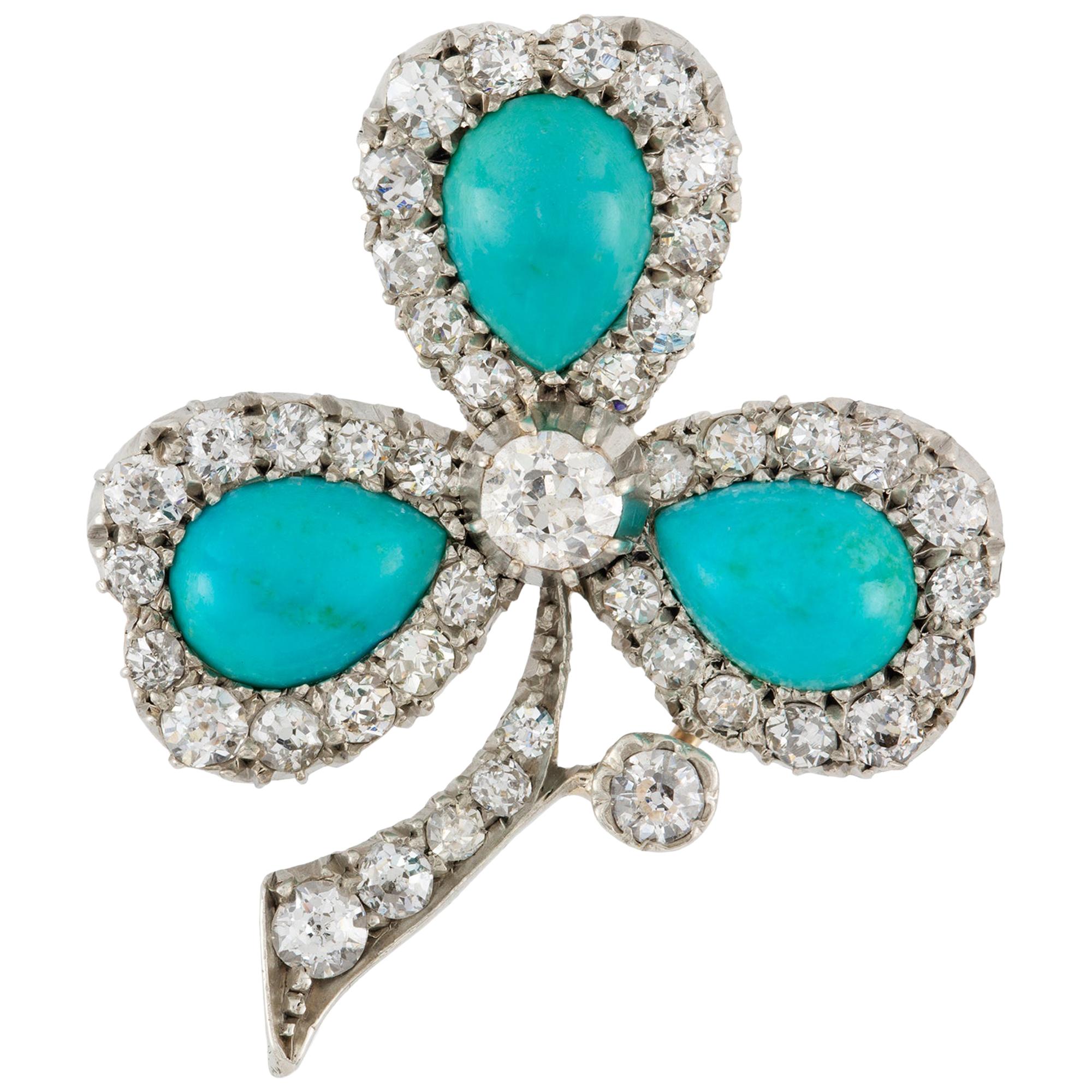 Late Victorian Turquoise and Diamond Clover Leaf Brooch
