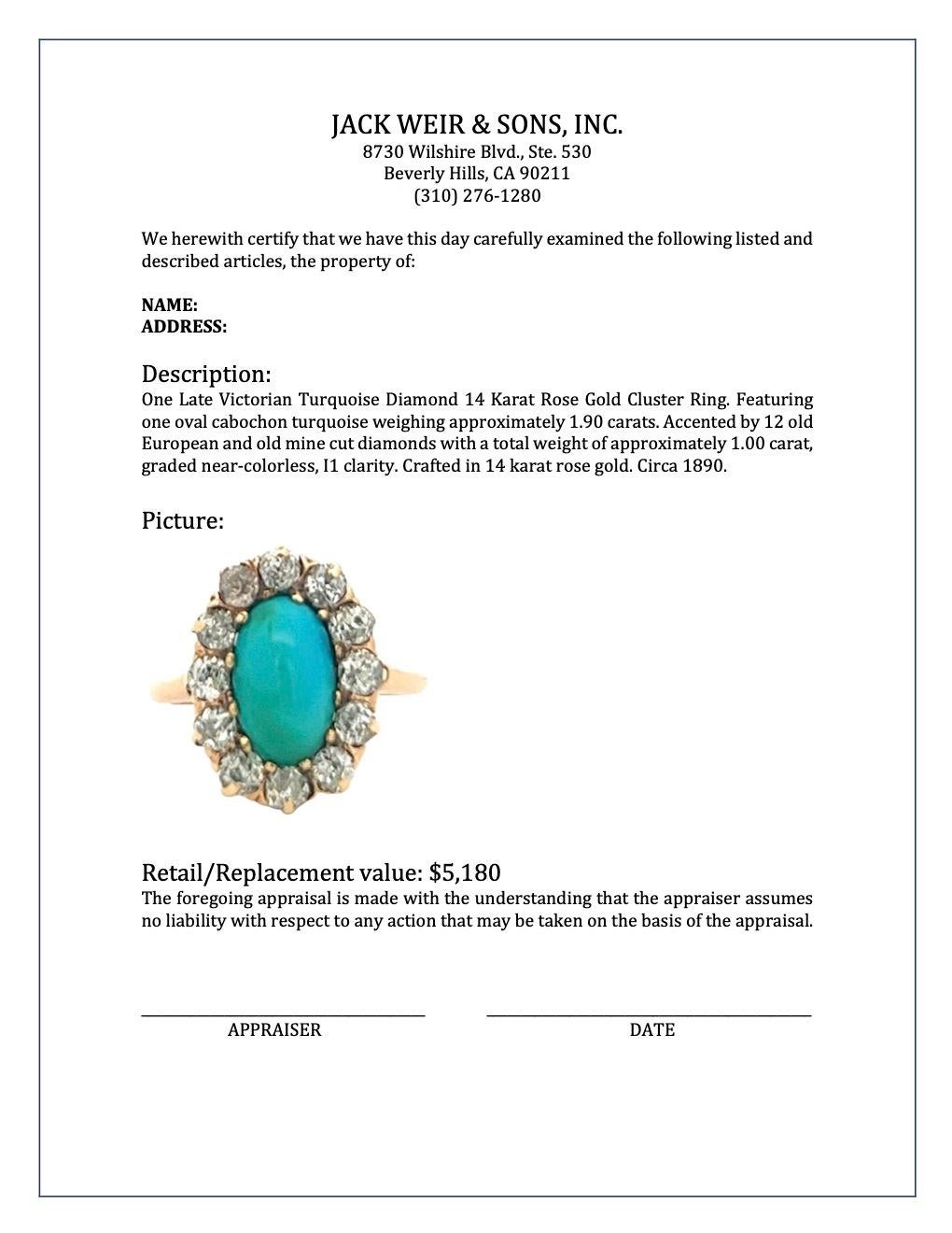 Late Victorian Turquoise Diamond 14 Karat Rose Gold Cluster Ring 2