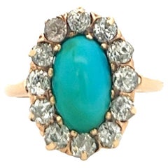 Late Victorian Turquoise Diamond 14 Karat Rose Gold Cluster Ring
