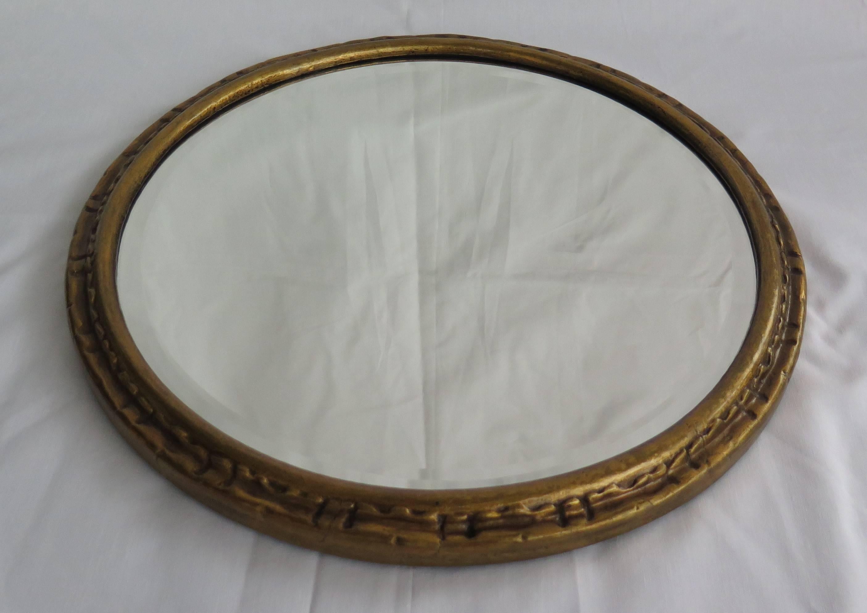 Beveled Victorian Wall Mirror 15 inch Diam. Giltwood Frame Bevel Glass, English Ca 1880