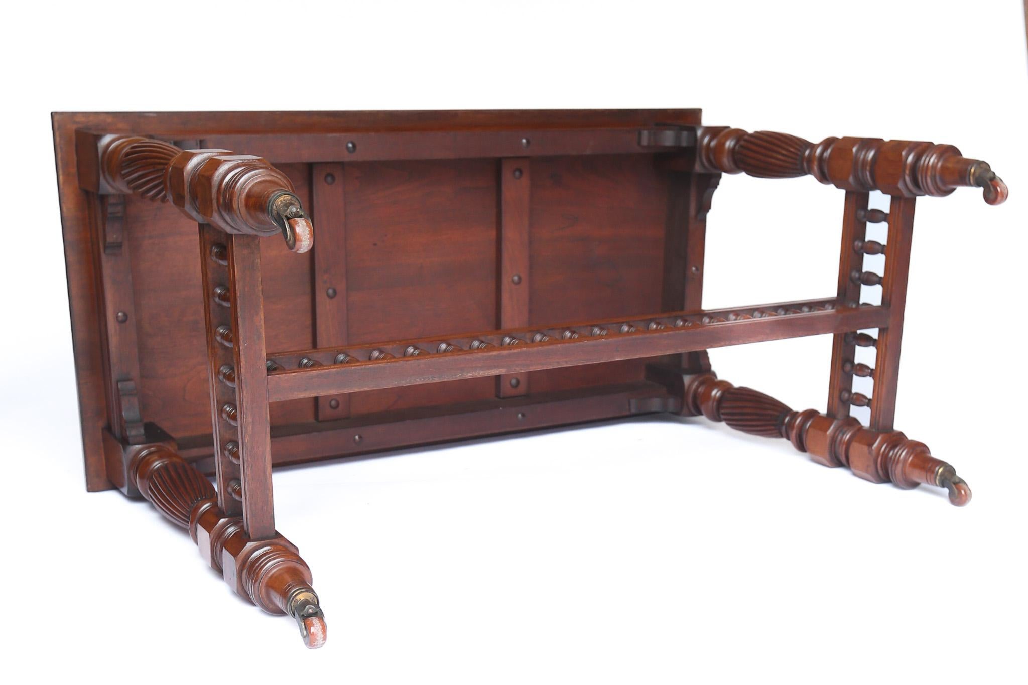 Late Victorian Walnut & Carved Centre Table
Aesthetic Period & design
Solid Walnut top With Thumb moulding around edge, 
Frieze with Reeded Detail & Carved Bracket supports,
4 Turned and block detail on legs with Spiral carved detail
Cross Stretcher