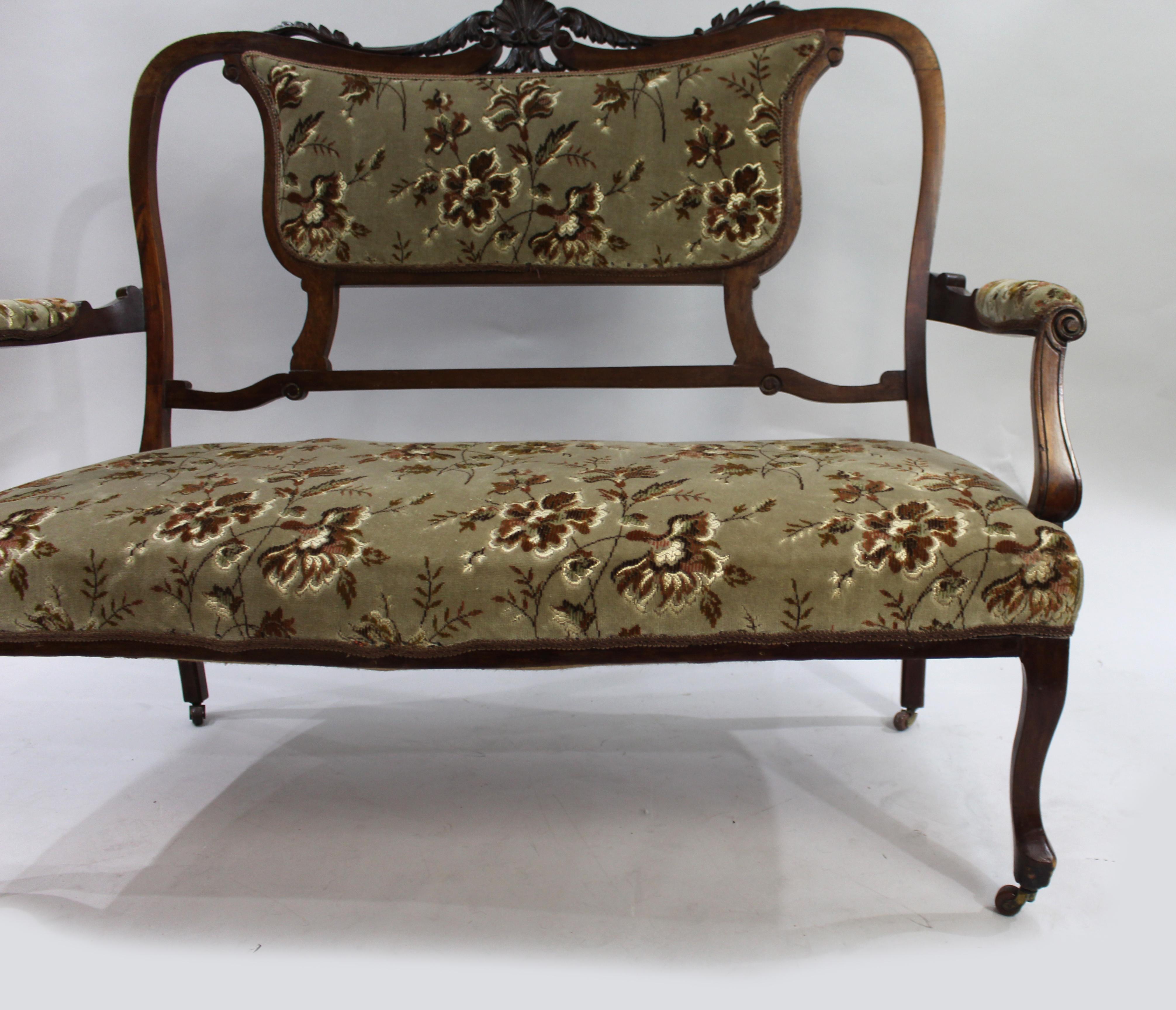 Late Victorian Walnut Framed Upholstered Two Seater Sofa For Sale 1