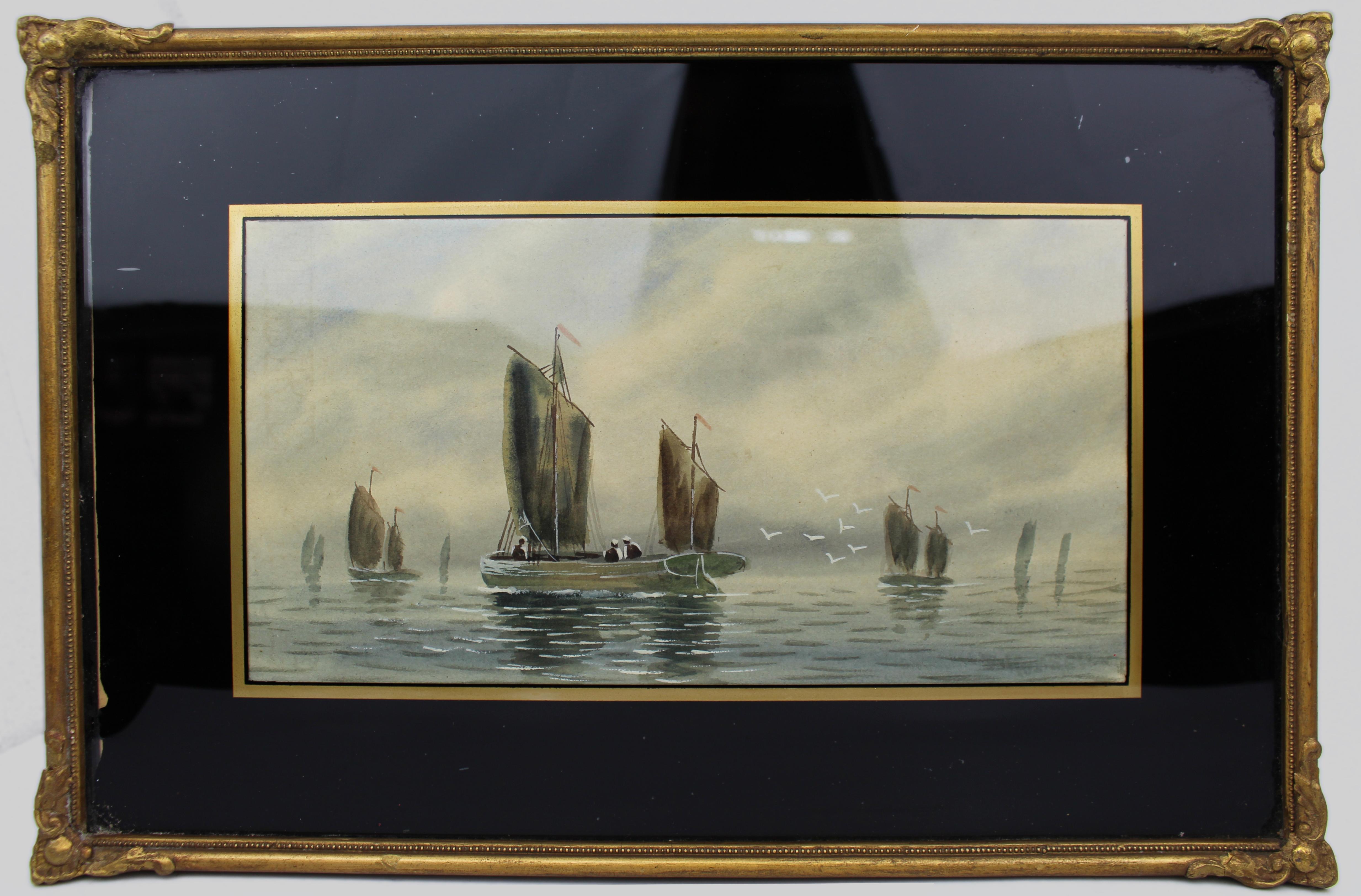 Acuarela victoriana tardía de veleros con montura de verre églomisé
Inglaterra, circa 1880-1900

Una acuarela victoriana tardía de fina composición que representa barcos de vela en aguas tranquilas bajo un cielo sutilmente nublado, realizada con un