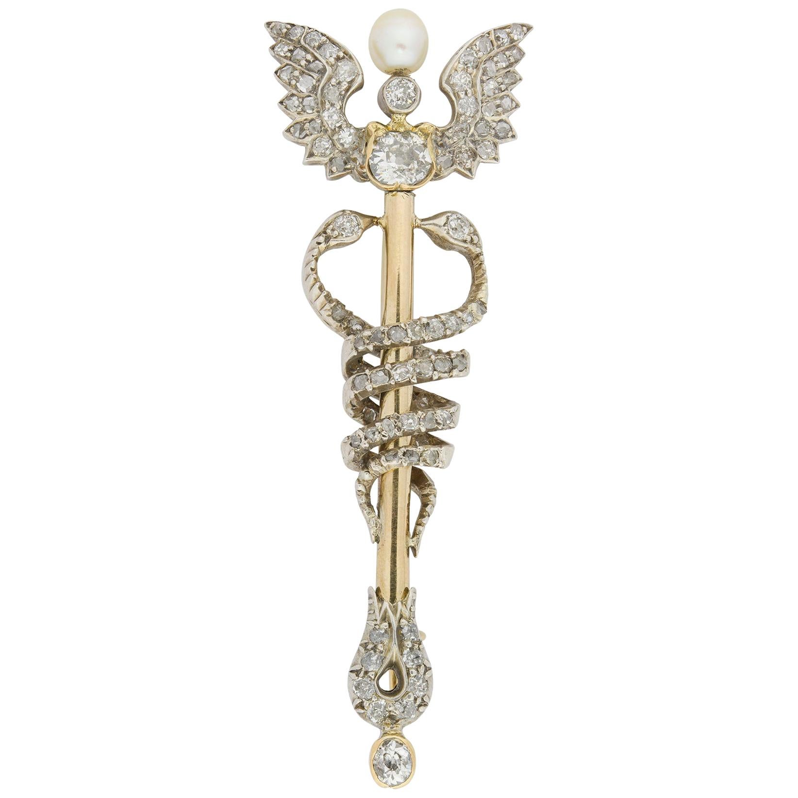 Late Victorian Yellow Gold and Diamond Caduceus Brooch For Sale