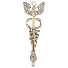 Late Victorian Yellow Gold and Diamond Caduceus Brooch