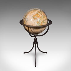 Late Vintage Tripod Globe, American, Steel, Topographical Gores, Classic Taste