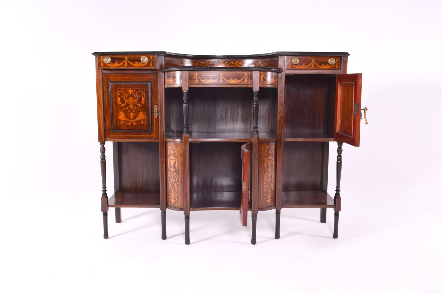 English Late Vitorian Marquetry Inlaid Rosewood Side Cabinet, 1890s