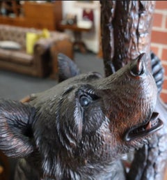 Late XIXc Swiss Black Forest Carved Walnut Bear Side Table with Tobacco Jar