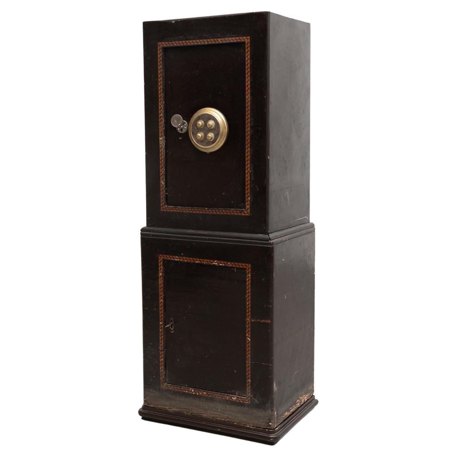 Vintage safe box manufactured by an unknown designer.  Not working, to be used as a decorative case or to be restorated,  Manufactured in Spain, circa 1960.  Materials: Wood Metal  In good original condition, with minor wear consistent with age and