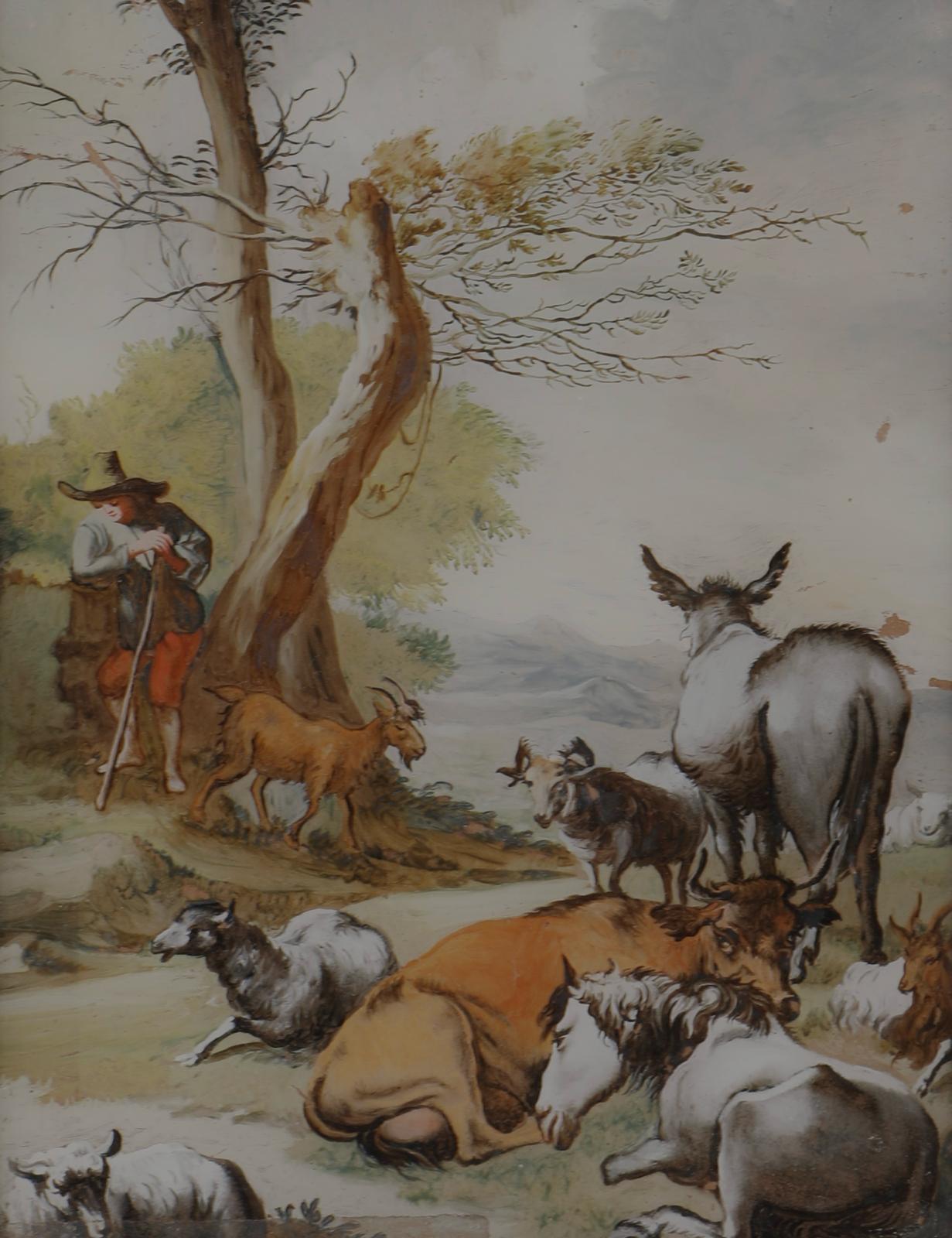 Late XVIII Century Glass Painting of Sheperd on a Bucolic Scene In Good Condition For Sale In Lisboa, PT