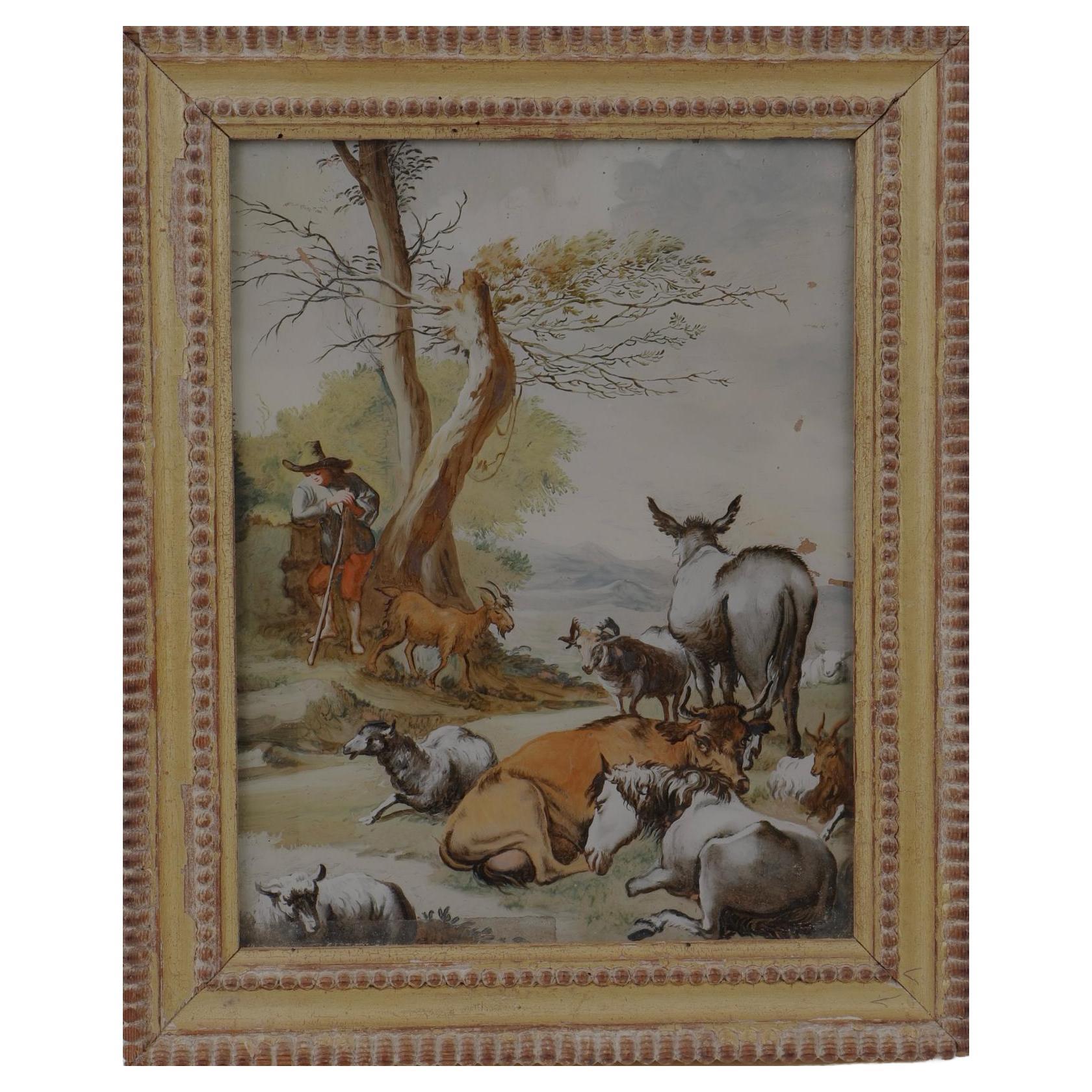 Late XVIII Century Glass Painting of Sheperd on a Bucolic Scene For Sale