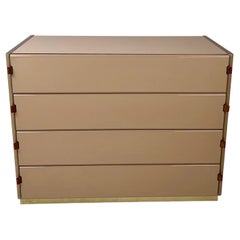 Late20th Century Beige Lacquered Wood w/Brass & Leather Details Chest of Drawers