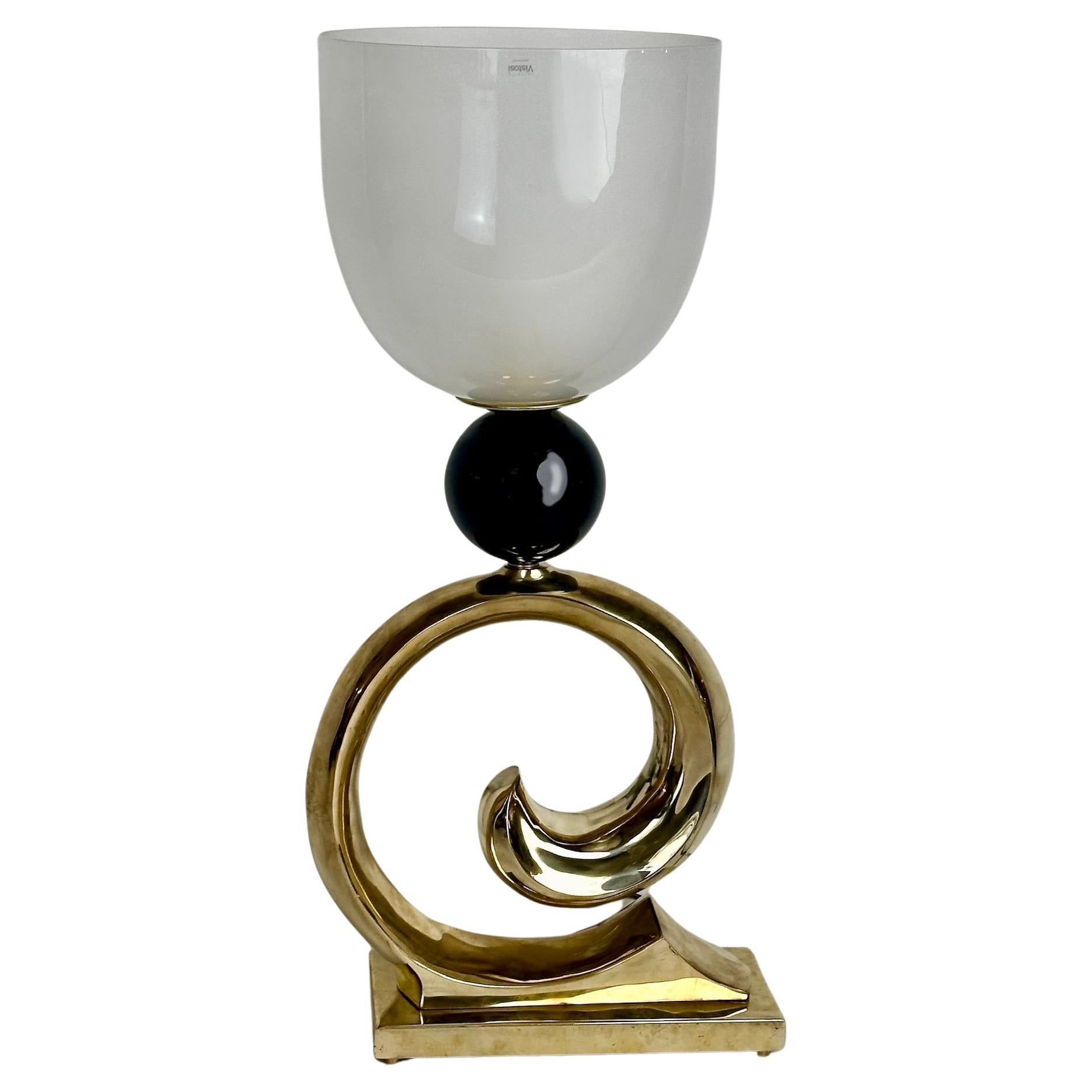 Late20th Century Brass, Black Ceramic & White Murano Glass Table Lamp by Vistosi For Sale