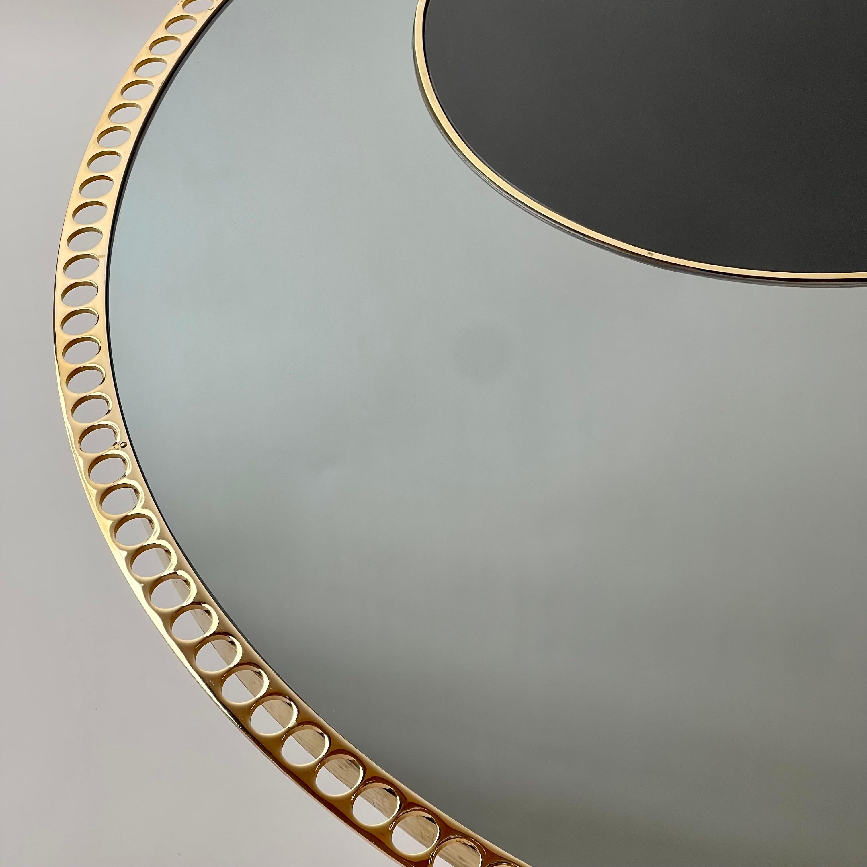 Italian Late 20th Century Brass W/Smoked Mirror & Black Opaline Glass Round Coffee Table For Sale