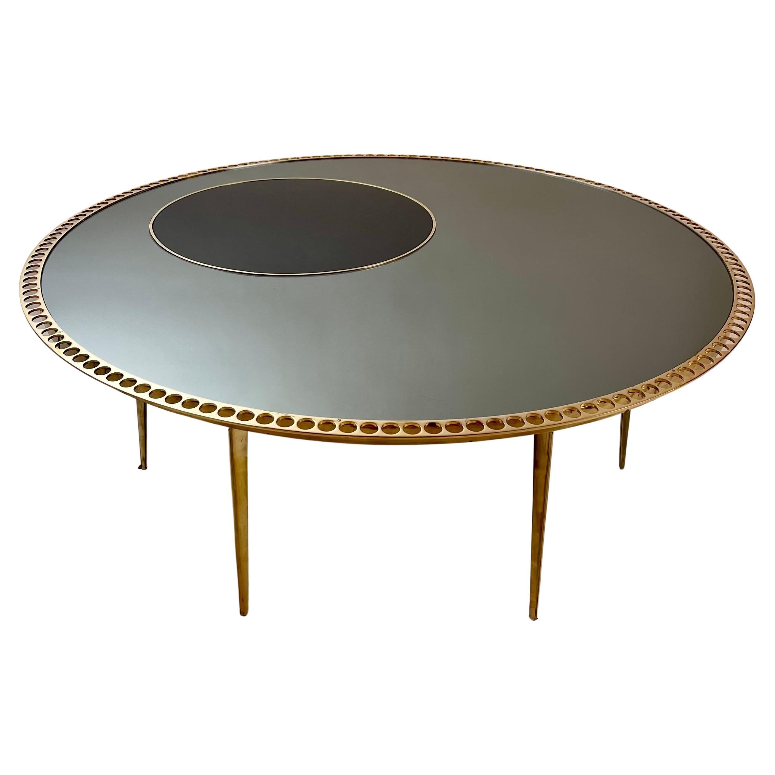 Late 20th Century Brass W/Smoked Mirror & Black Opaline Glass Round Coffee Table For Sale