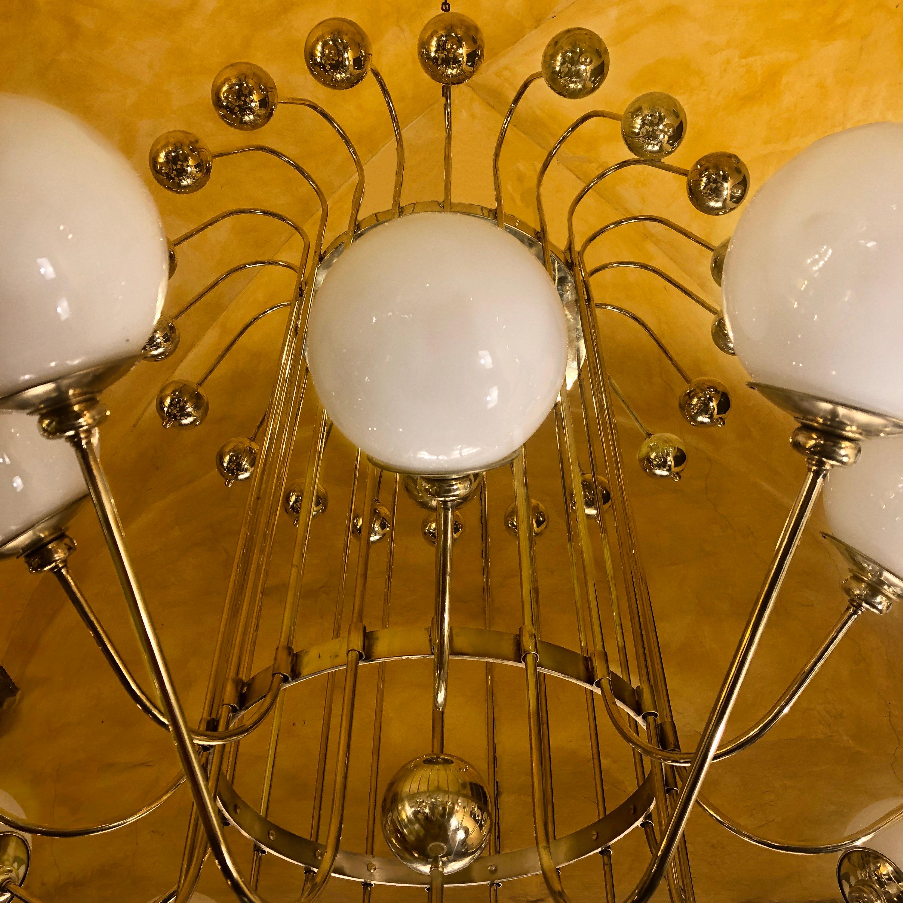 Late 20th Century Italian Bistrot Brass Chandelier w/ White Opaline Glass Globes 7