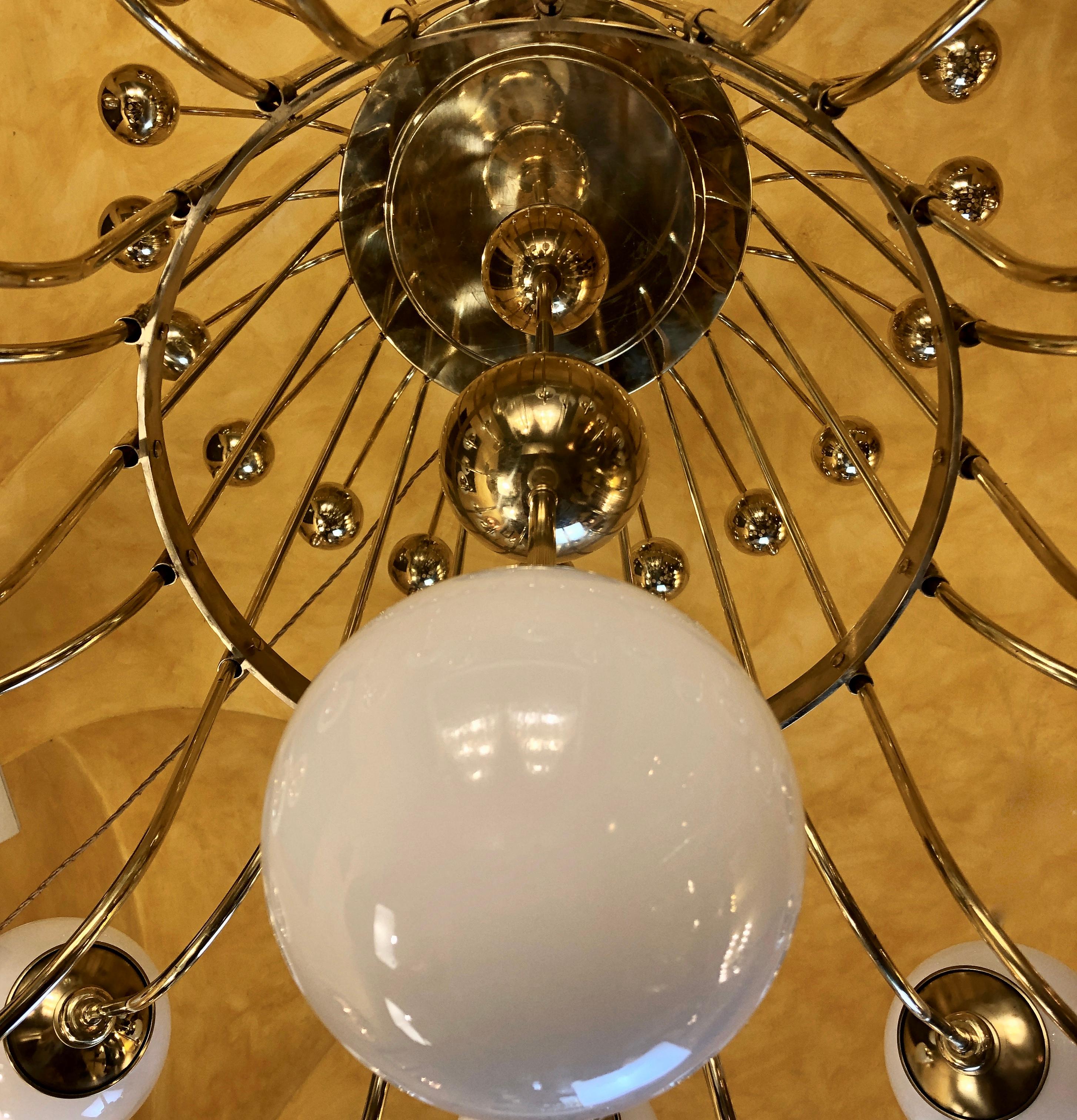 Late 20th Century Italian Bistrot Brass Chandelier w/ White Opaline Glass Globes 8