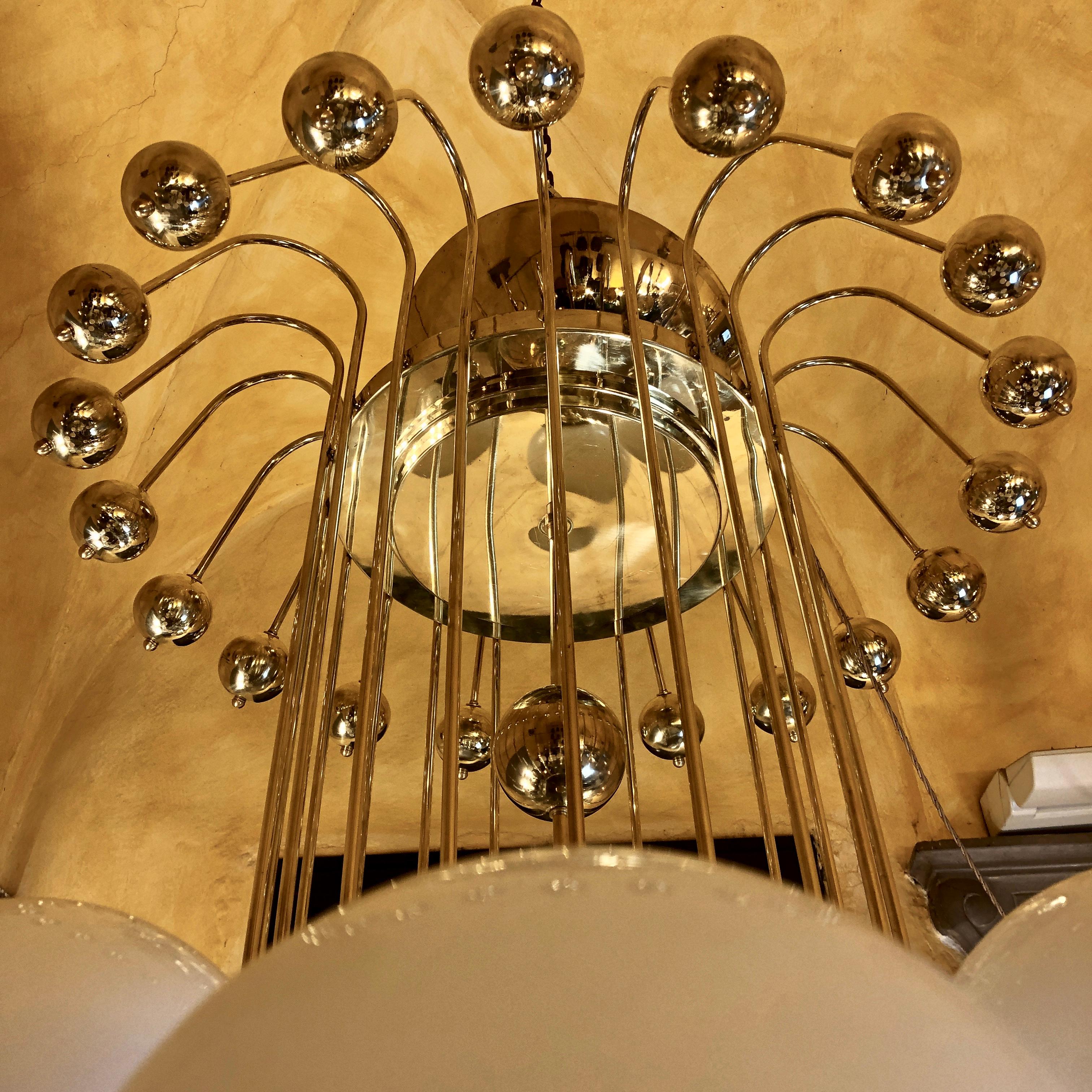 Late 20th Century Italian Bistrot Brass Chandelier w/ White Opaline Glass Globes 9