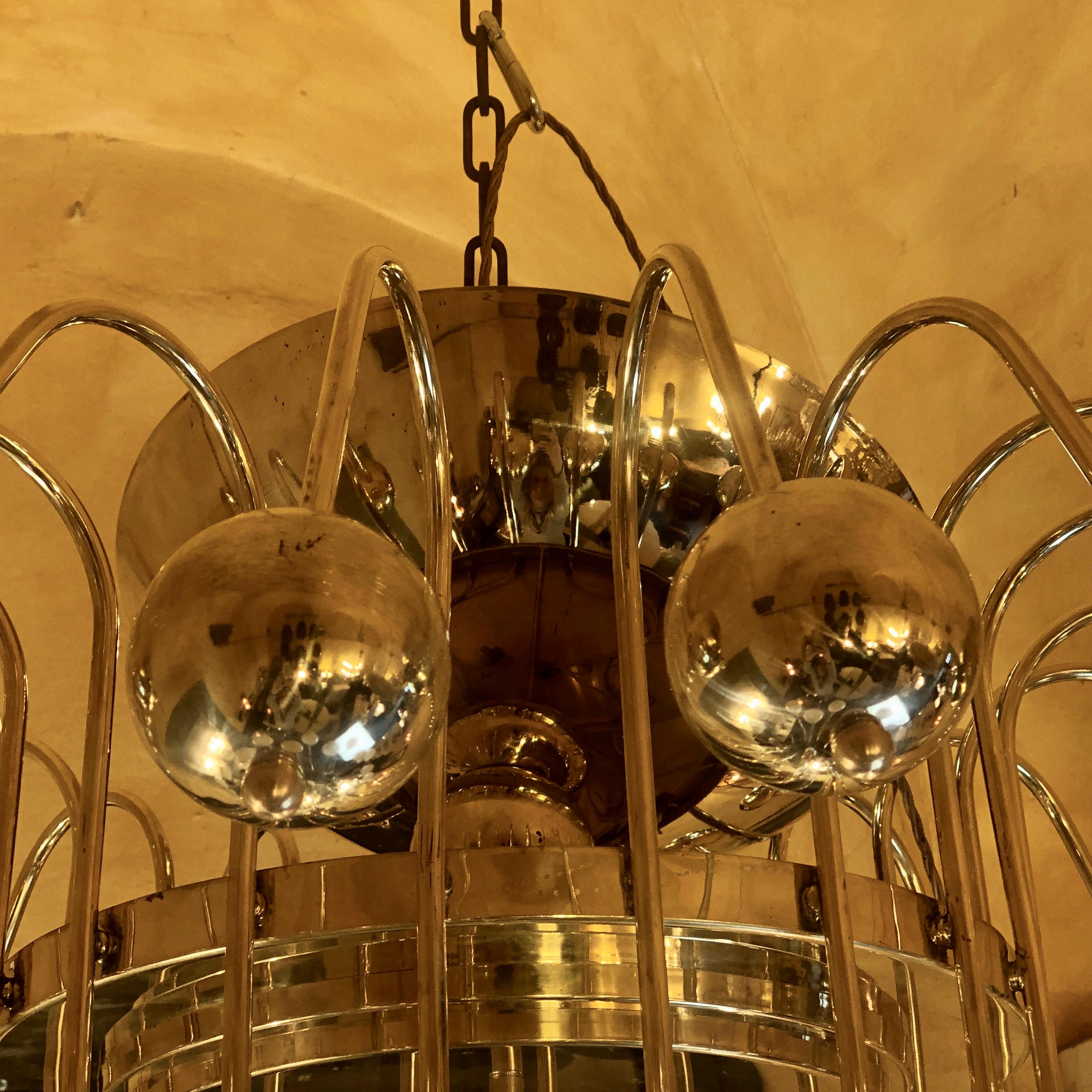 Late 20th Century Italian Bistrot Brass Chandelier w/ White Opaline Glass Globes 11