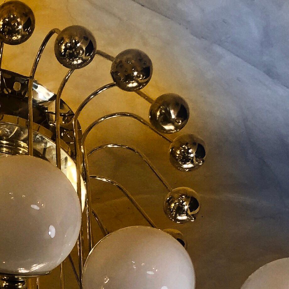 Late 20th Century Italian Bistrot Brass Chandelier w/ White Opaline Glass Globes 12
